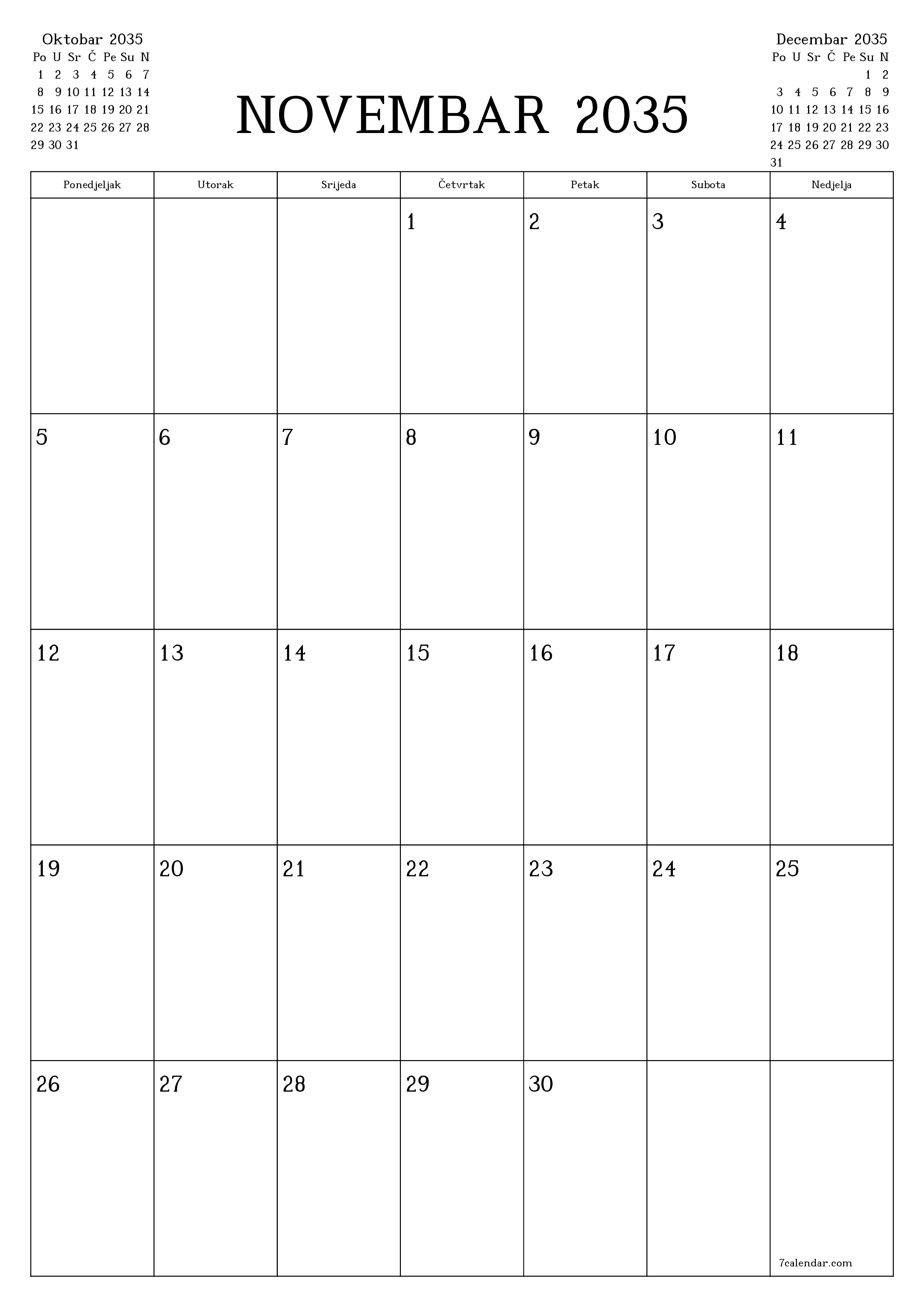  za štampanje zidni šablon a besplatni vertikalno Mjesečno planer kalendar Novembar (Nov) 2035