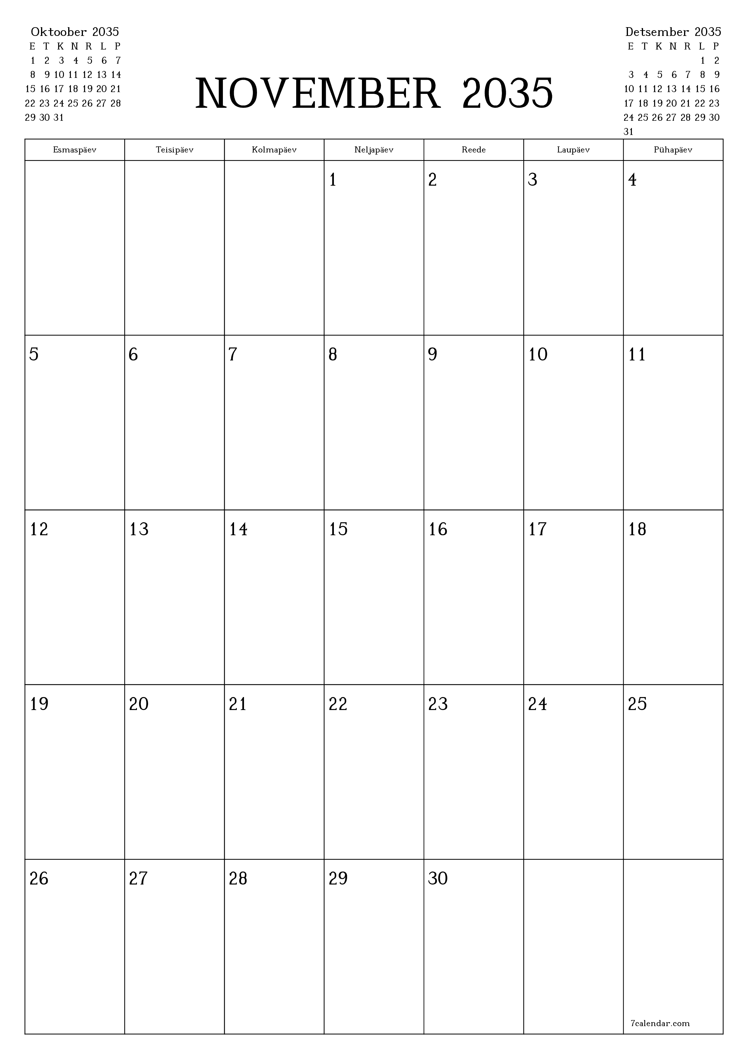 prinditav seina kalendri mall tasuta vertikaalne Igakuine planeerija kalender November (Nov) 2035