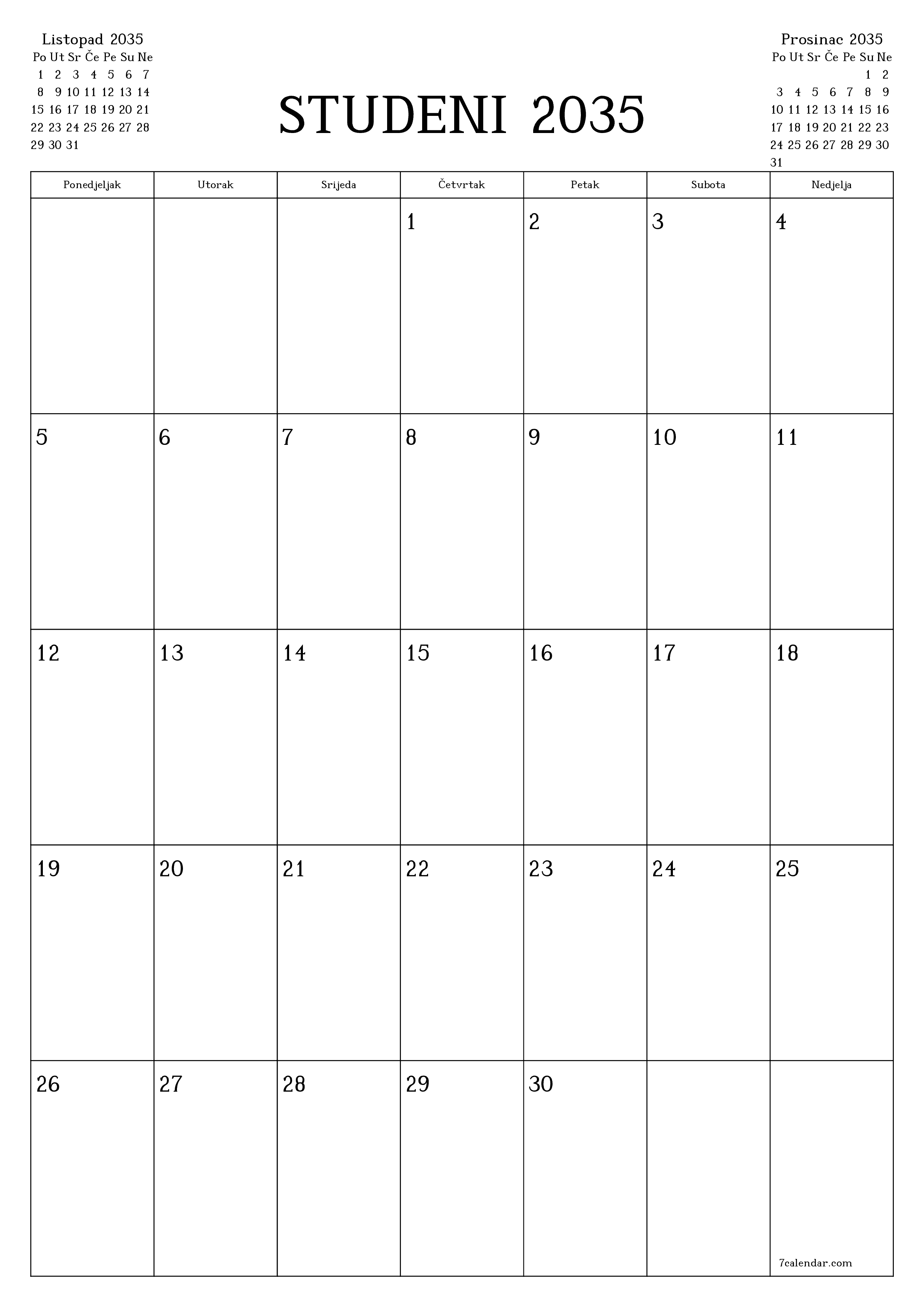  za ispis zidni predložak a besplatni okomito Mjesečni planer kalendar Studeni (Stu) 2035