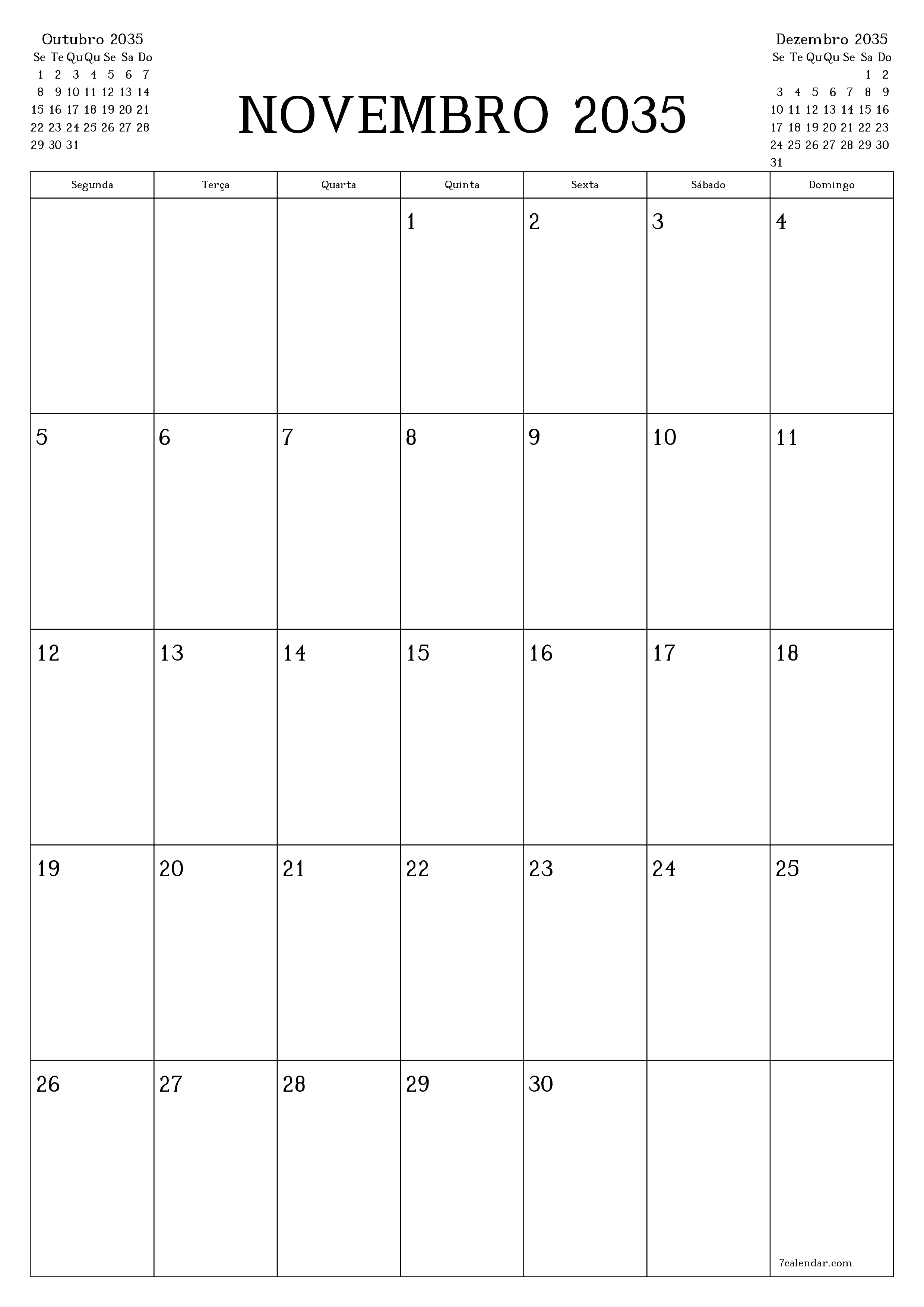  para impressão de parede modelo de grátisvertical Mensal planejador calendário Novembro (Nov) 2035