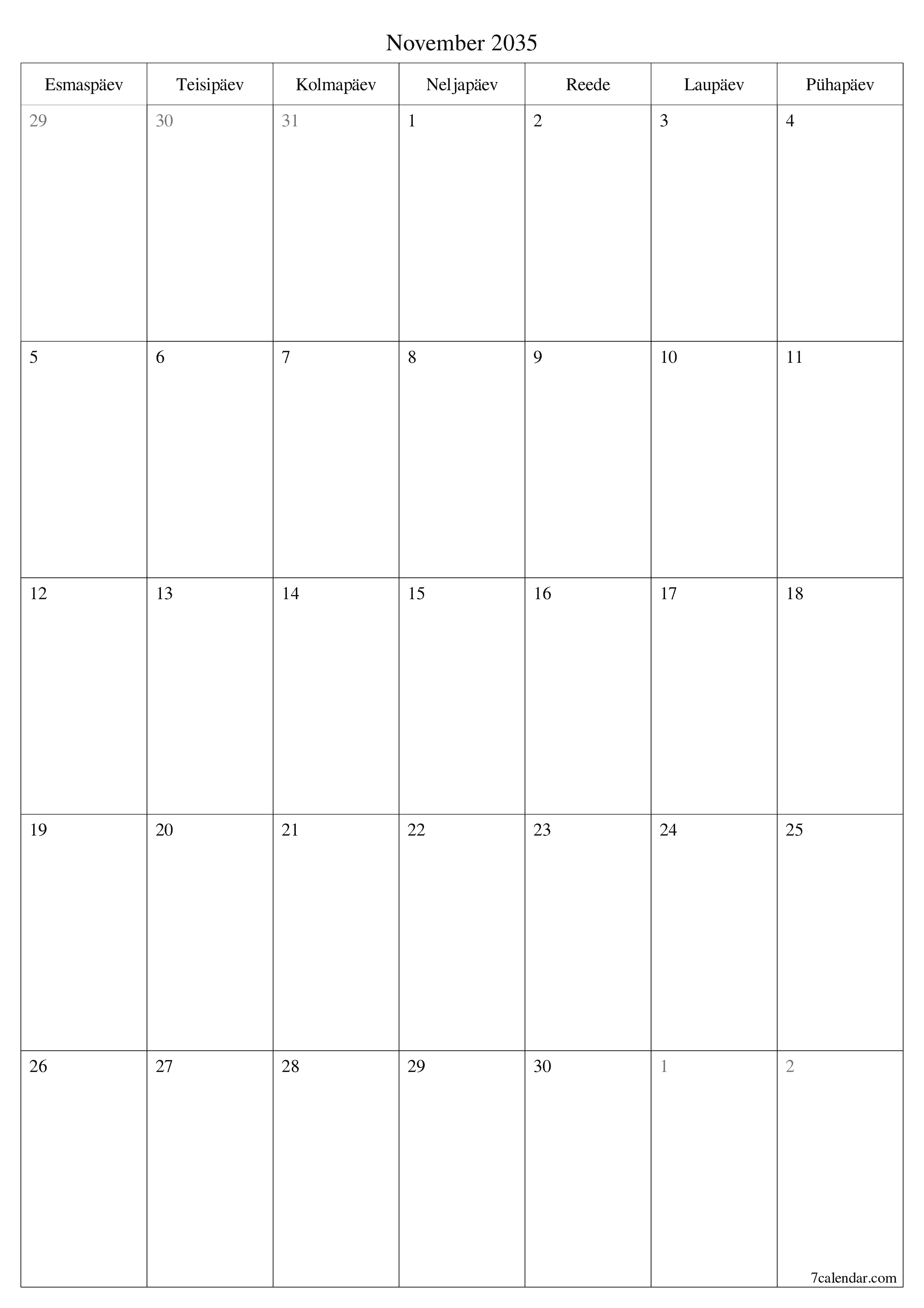 prinditav seina kalendri mall tasuta vertikaalne Igakuine planeerija kalender November (Nov) 2035