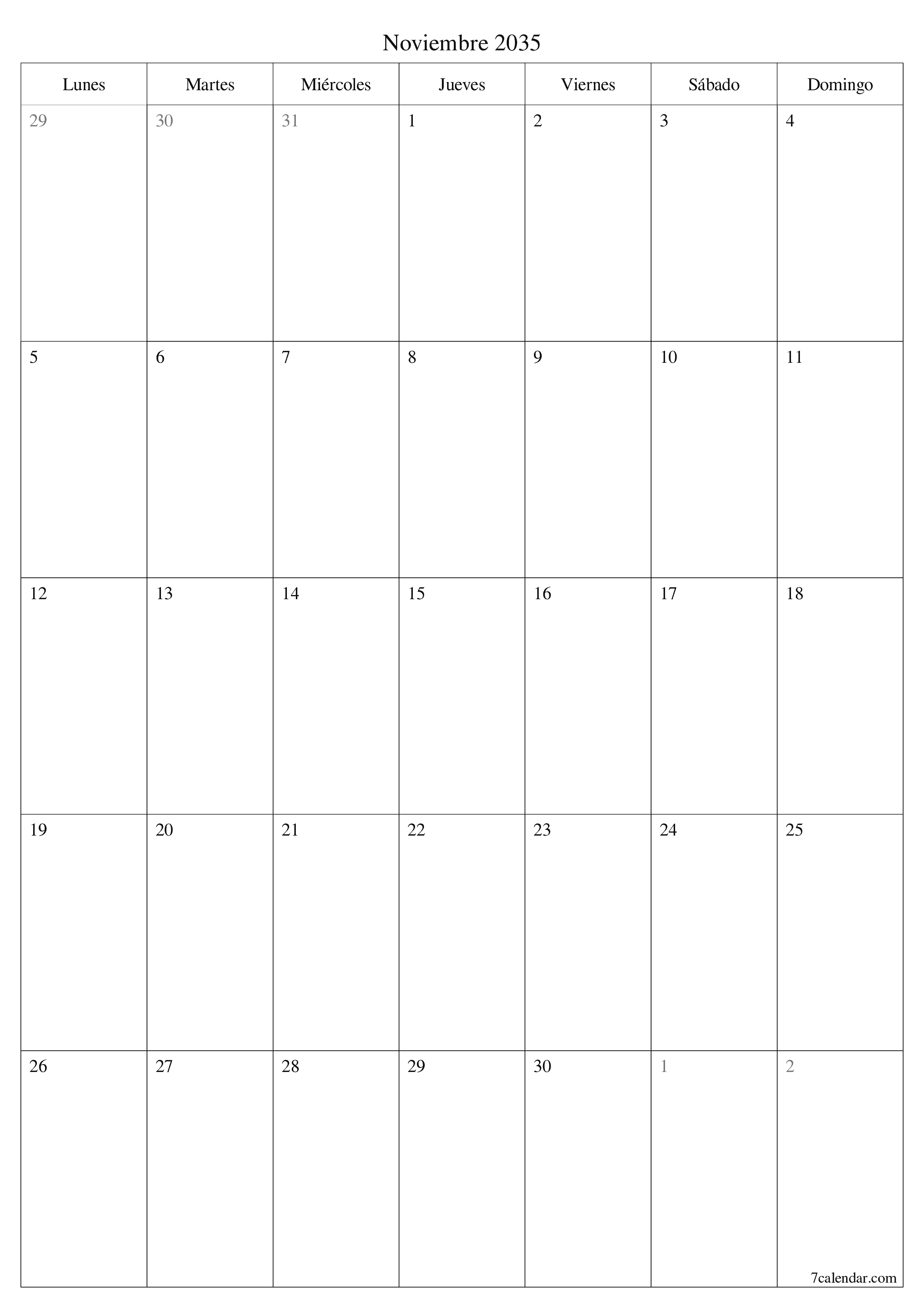  imprimible de pared plantilla de gratisvertical Mensual planificador calendario Noviembre (Nov) 2035