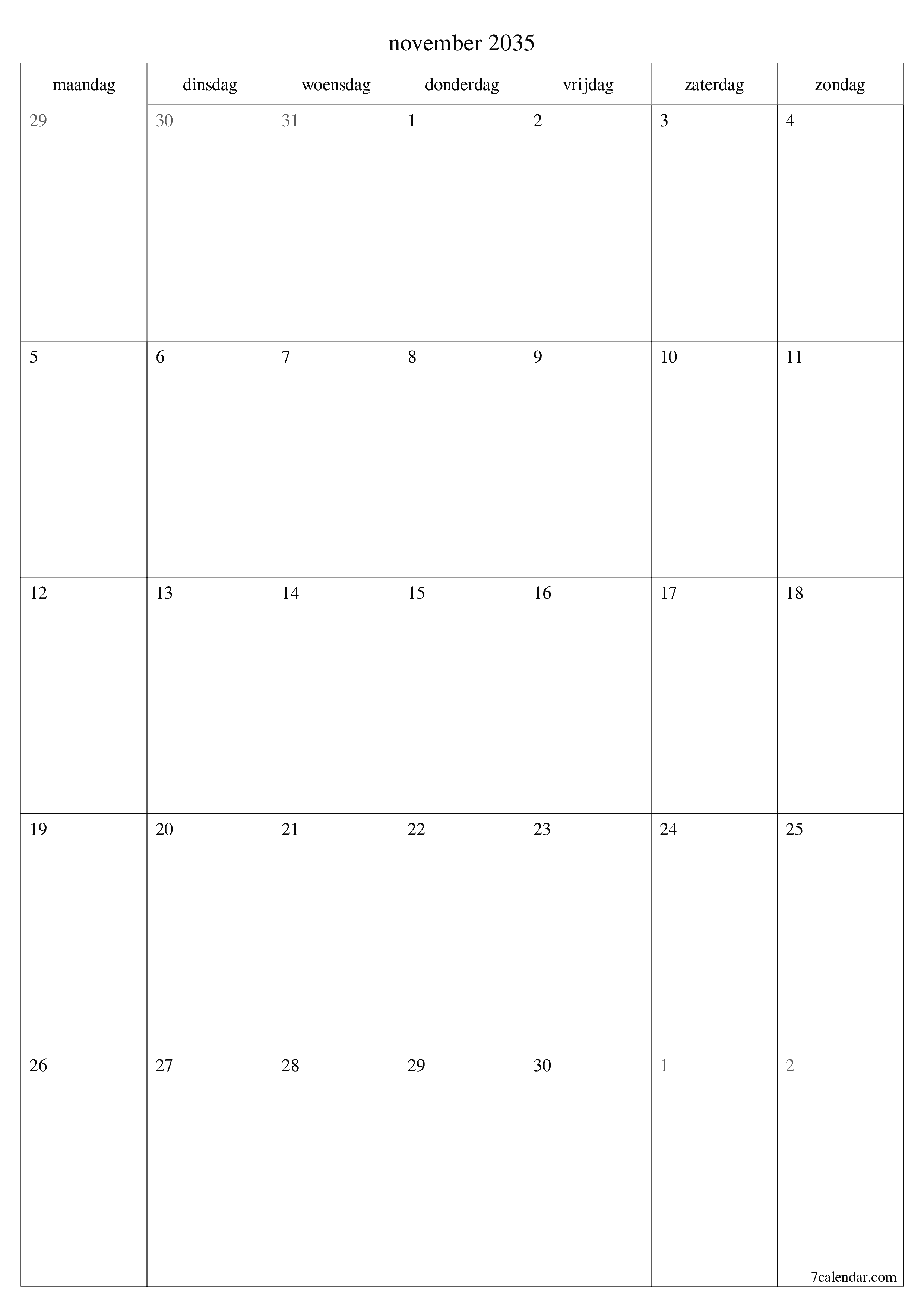 afdrukbare muur sjabloon gratis verticaal Maandelijks planner kalender november (nov) 2035