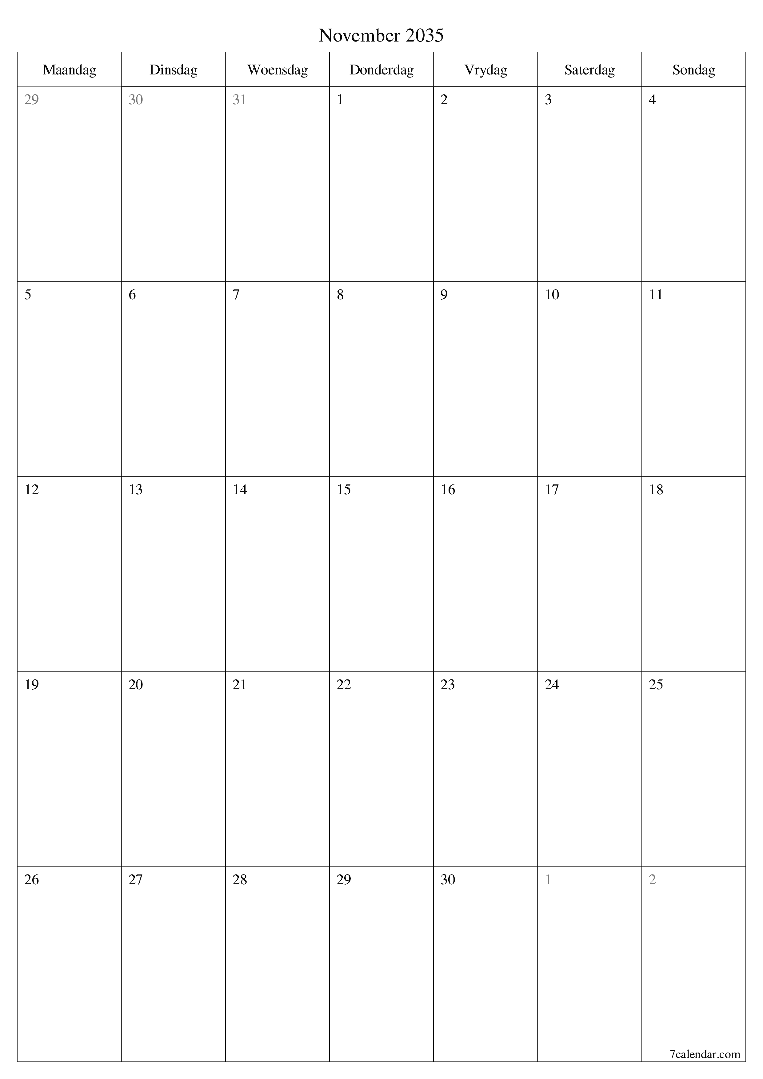 drukbare muur template gratis vertikaal Maandeliks beplanner kalender November (Nov) 2035
