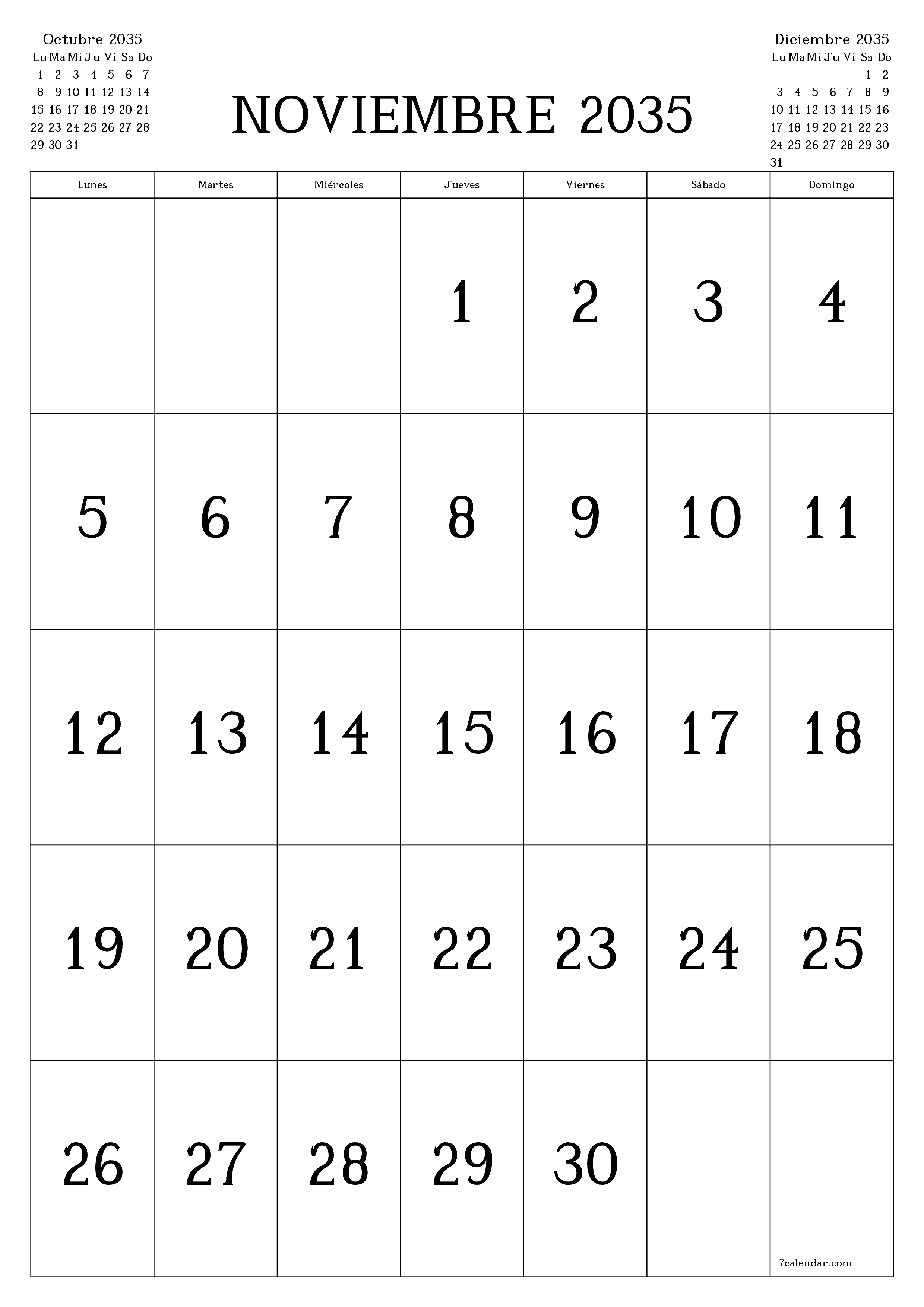  imprimible de pared plantilla de gratisvertical Mensual calendario Noviembre (Nov) 2035