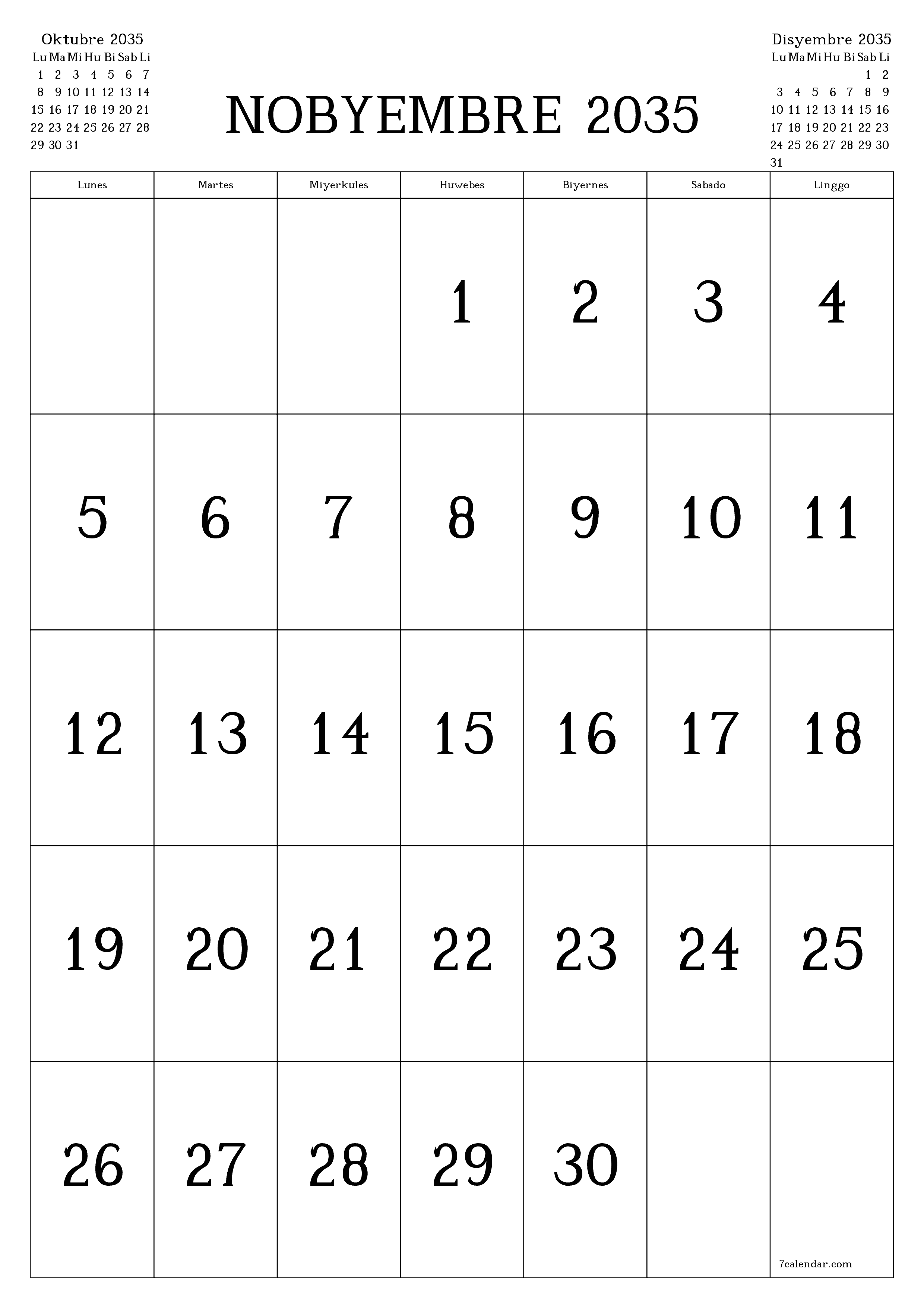 napi-print na sa dingding template ng libreng patayo Buwanang kalendaryo Nobyembre (Nob) 2035