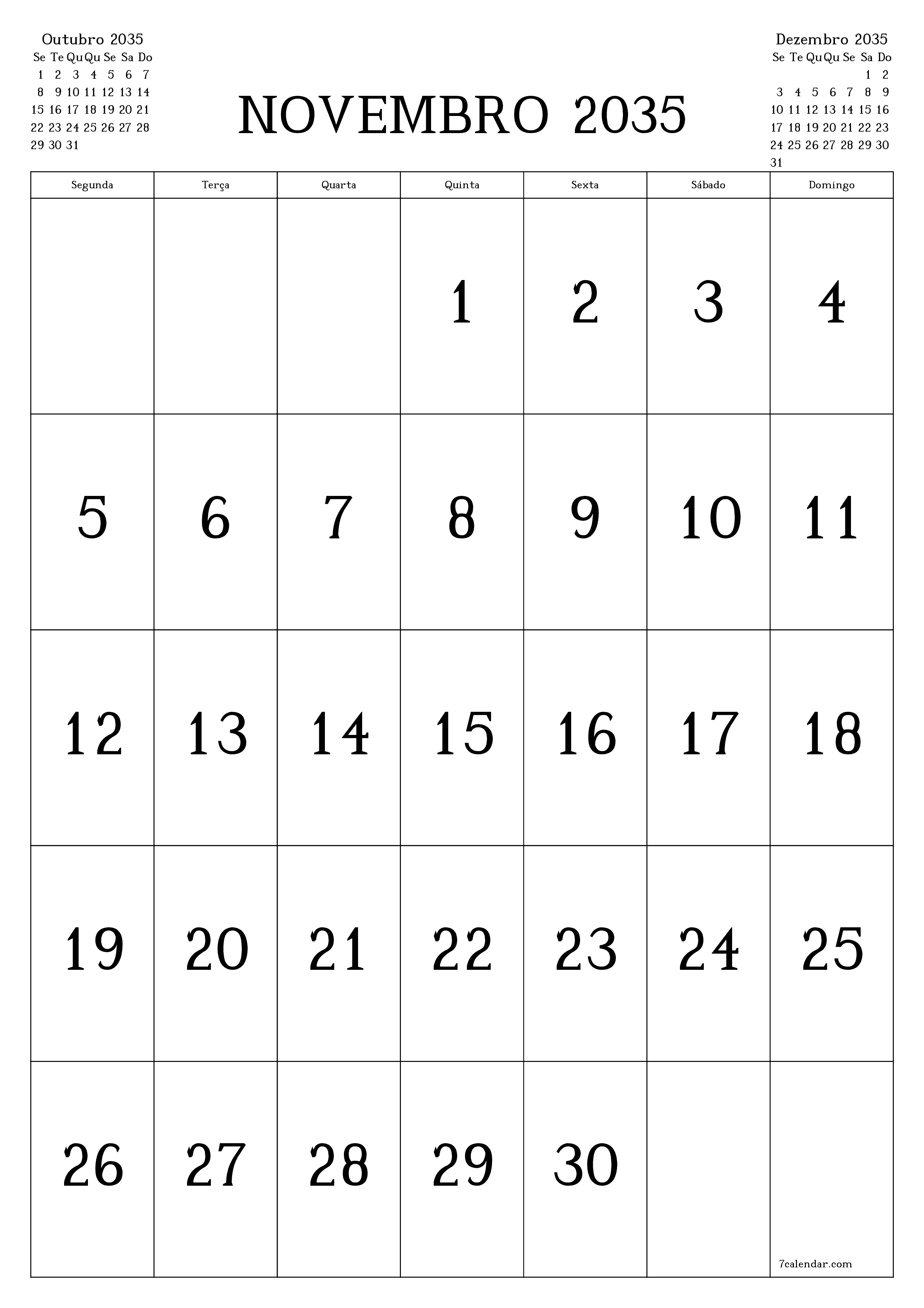  para impressão de parede modelo de grátisvertical Mensal calendário Novembro (Nov) 2035