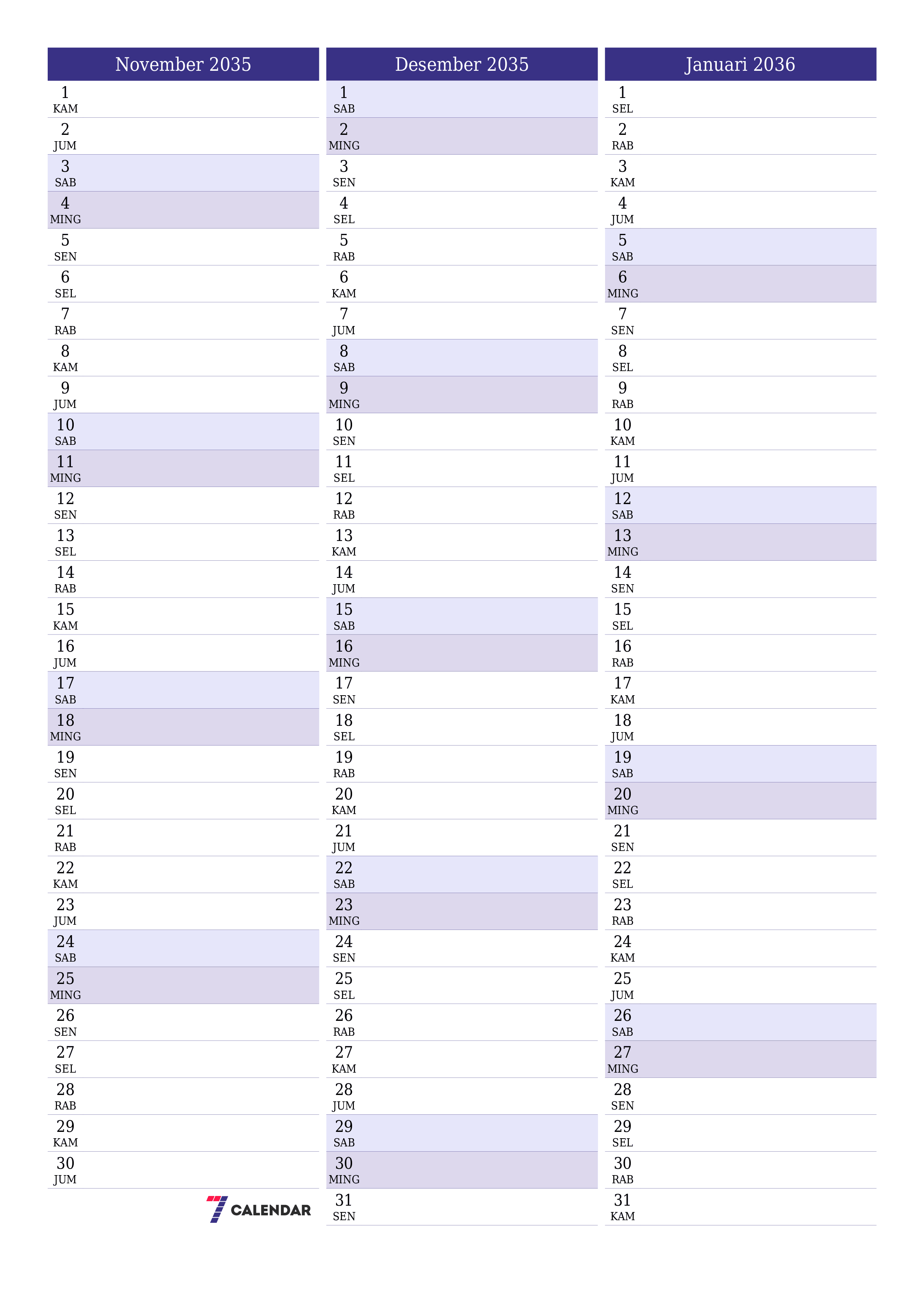  yang dapat dicetak dinding templat gratisvertikal Bulanan perencana kalender November (Nov) 2035