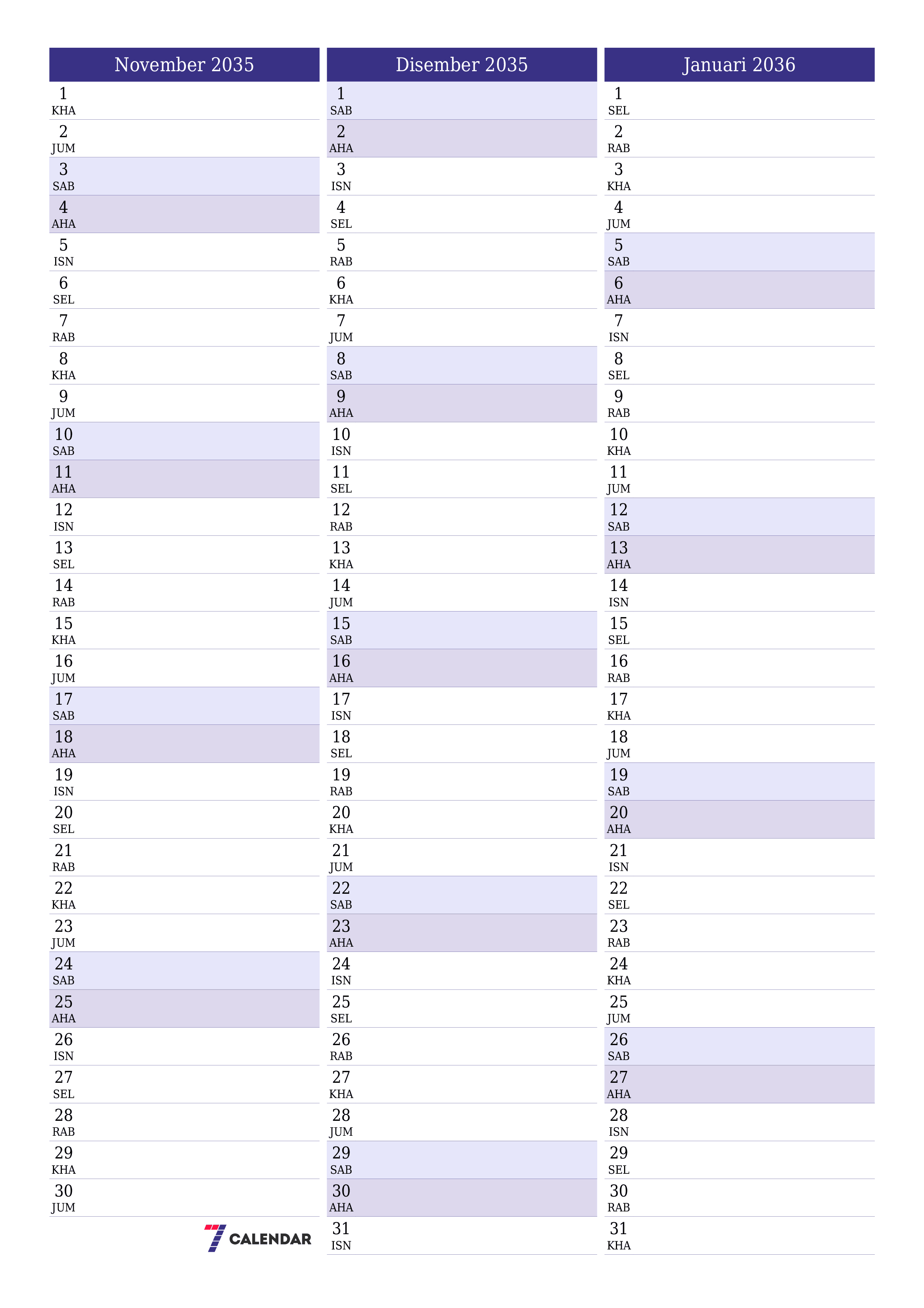  boleh cetak dinding templat percumamenegak Bulanan perancang kalendar November (Nov) 2035