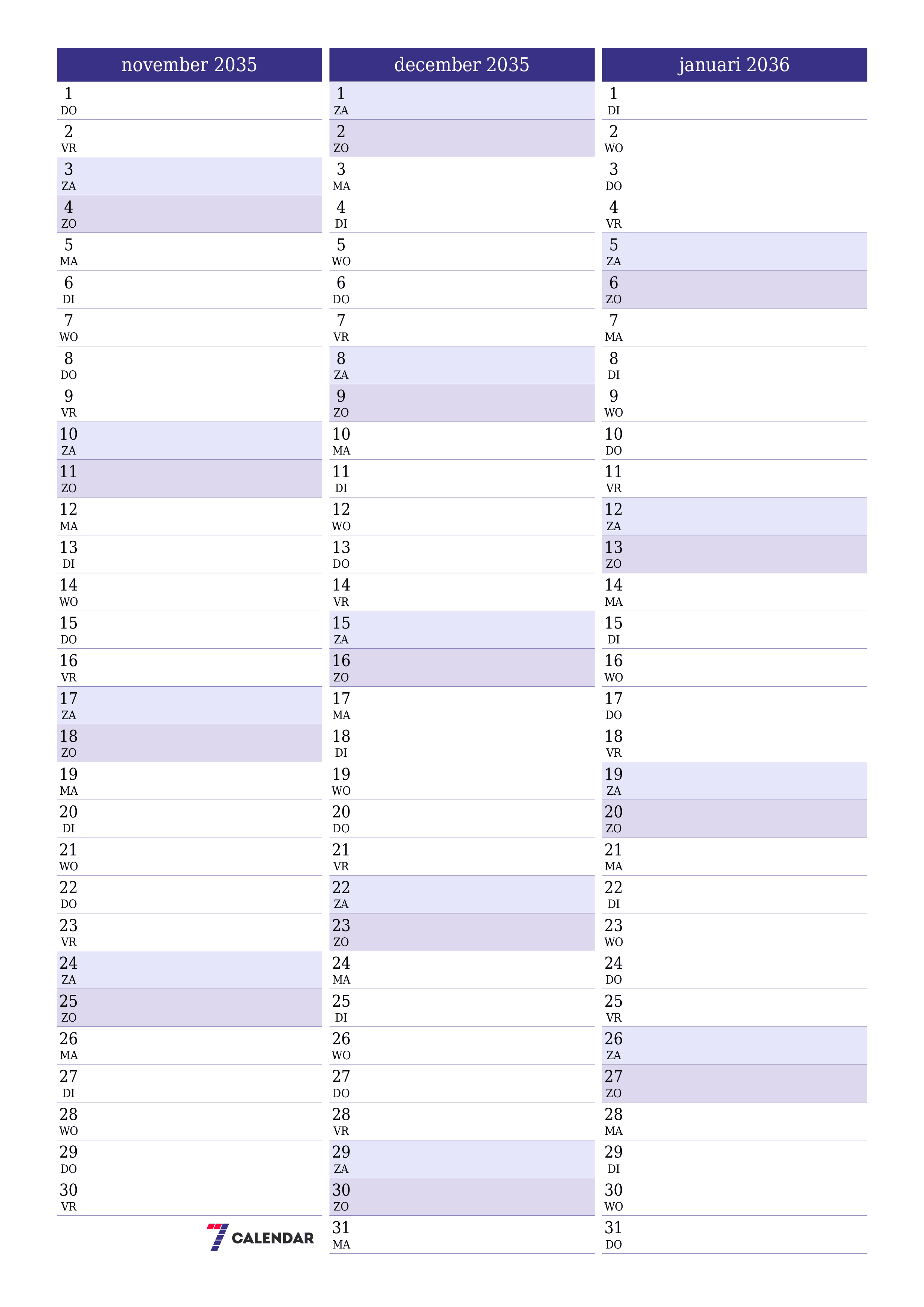 afdrukbare muur sjabloon gratis verticaal Maandelijks planner kalender november (nov) 2035