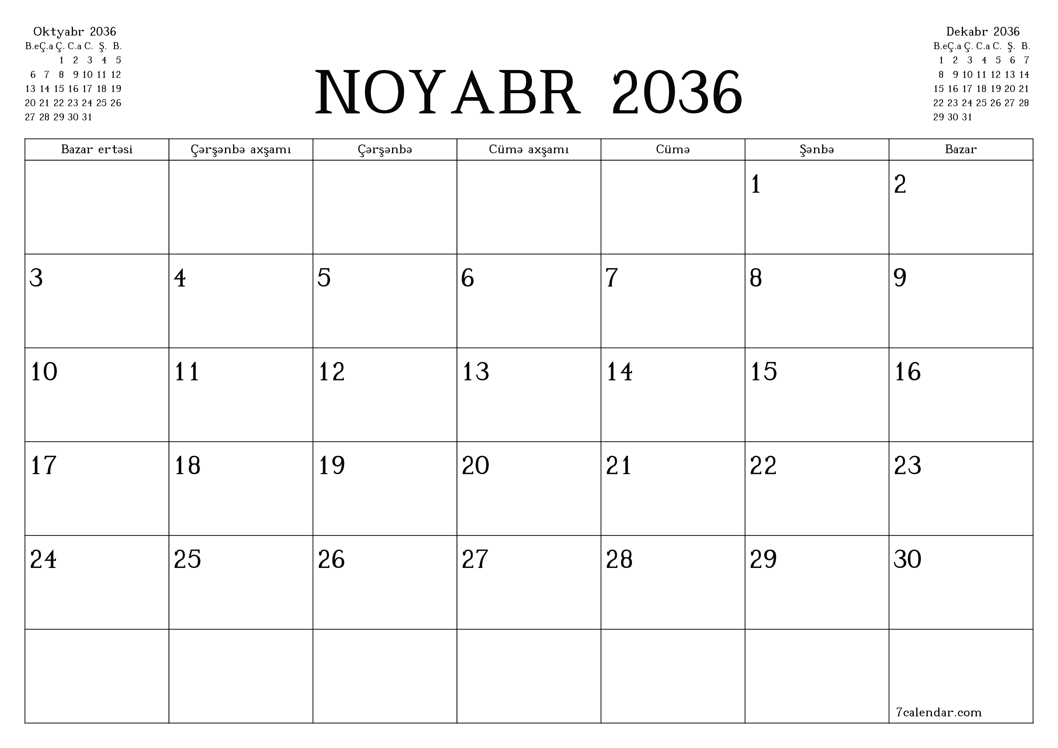 Noyabr 2036 ayı üçün qeydlər ilə boş aylıq planlayıcı, qeyd edin və PDF-ə yazdırın PNG Azerbaijani