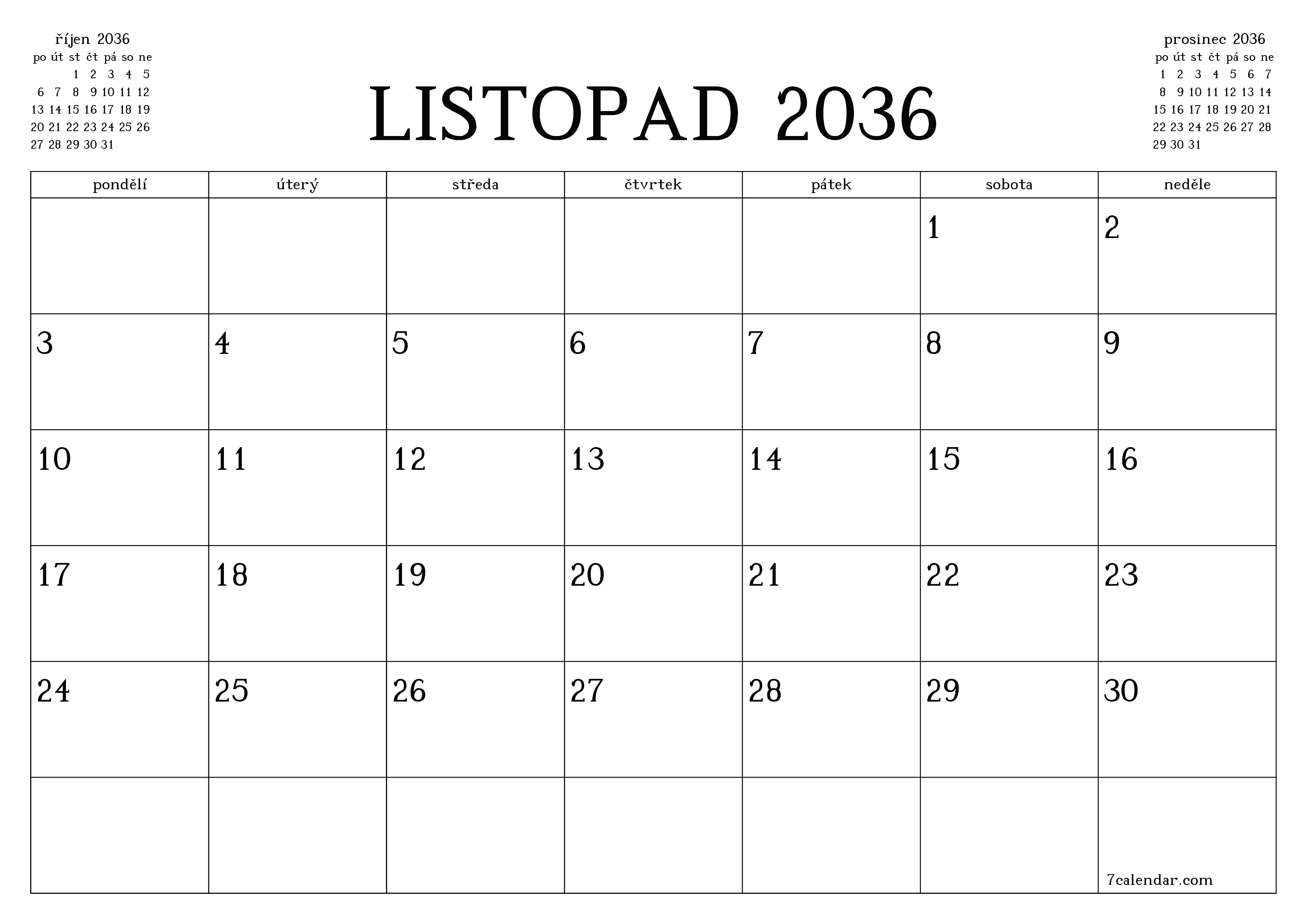 Vyprázdnit měsíční plánovač na měsíc listopad 2036 s poznámkami, uložit a vytisknout do PDF PNG Czech