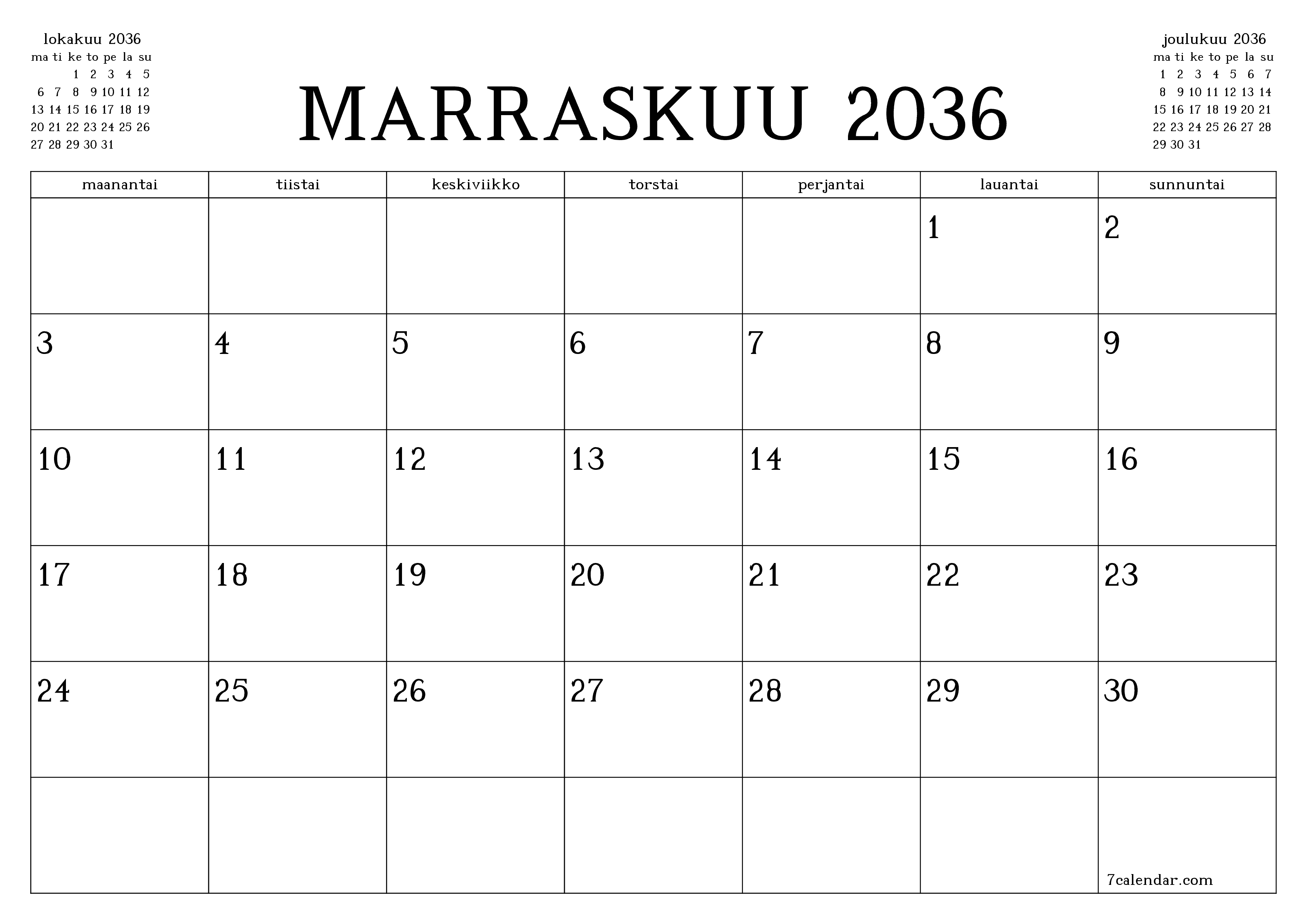 Tyhjennä kuukausittainen suunnittelija kuukaudelle Marraskuu 2036 muistiinpanoilla, tallenna ja tulosta PDF-muotoon PNG Finnish
