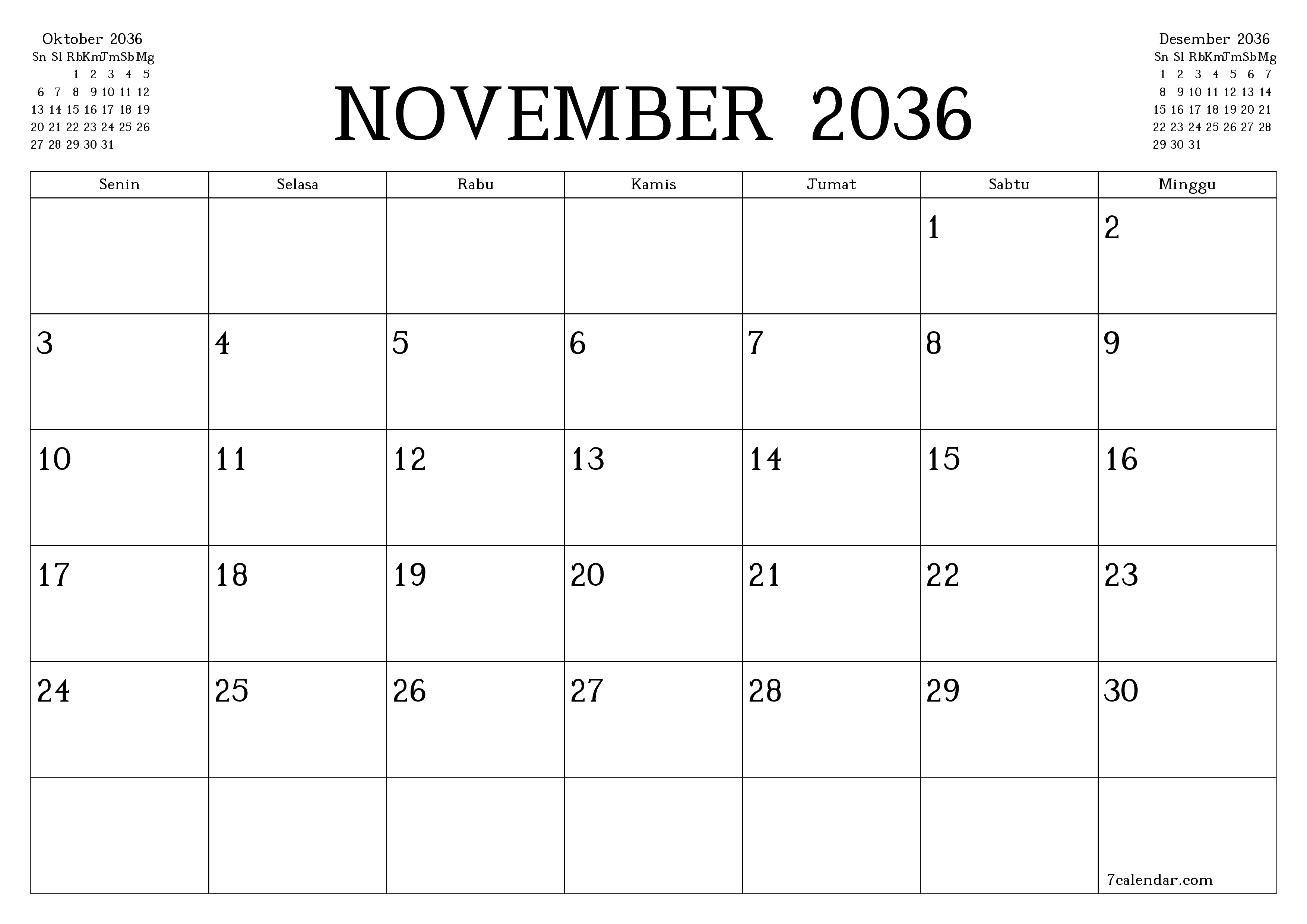Kosongkan agenda bulanan untuk bulan November 2036 dengan catatan, simpan dan cetak ke PDF PNG Indonesian
