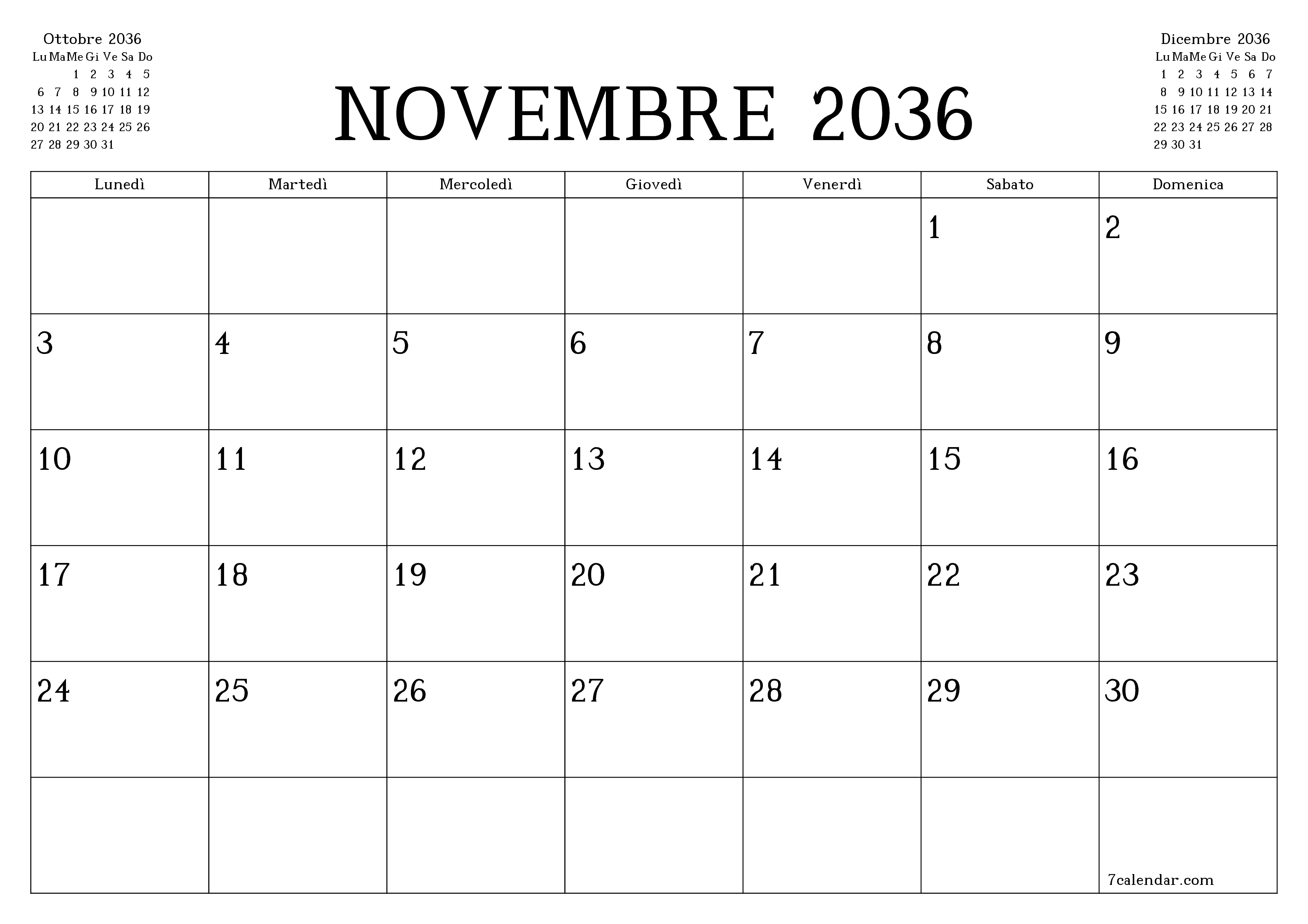 Pianificatore mensile vuoto per il mese Novembre 2036 con note, salva e stampa in PDF PNG Italian