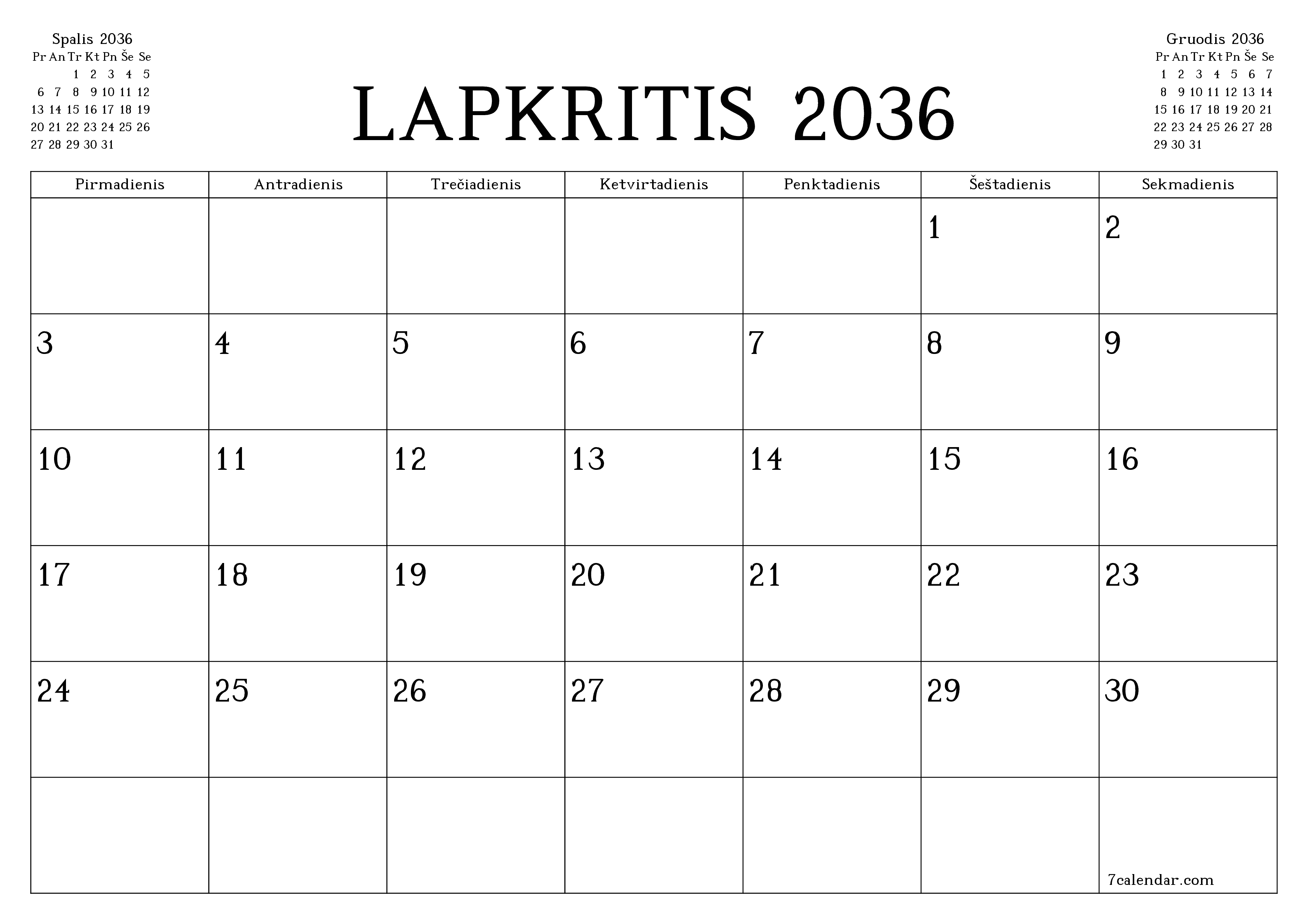 Ištuštinti mėnesio Lapkritis 2036 mėnesio planavimo priemonę su užrašais, išsaugoti ir atsispausdinti PDF formate PNG Lithuanian