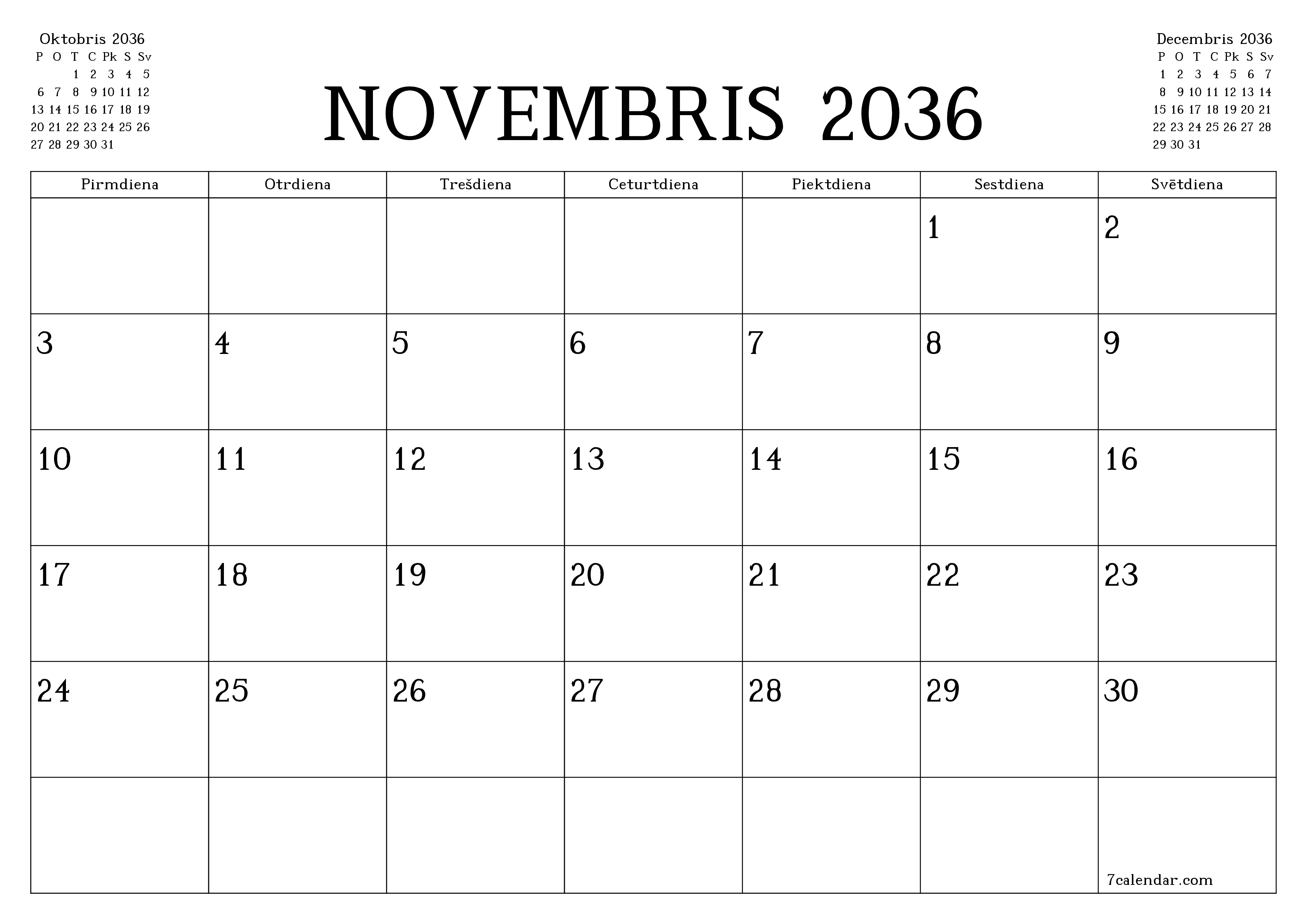Iztukšot mēneša plānotāju mēnesim Novembris 2036 ar piezīmēm, saglabāt un izdrukāt PDF formātā PNG Latvian