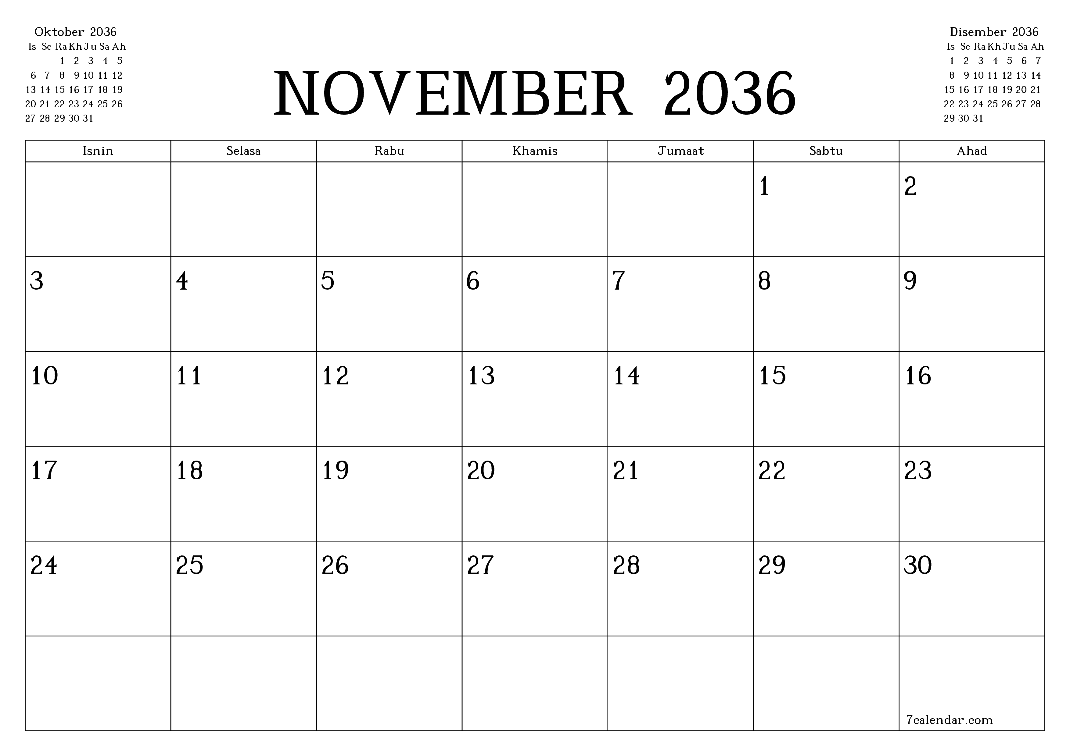 Perancang bulanan kosong untuk bulan November 2036 dengan nota, simpan dan cetak ke PDF PNG Malay