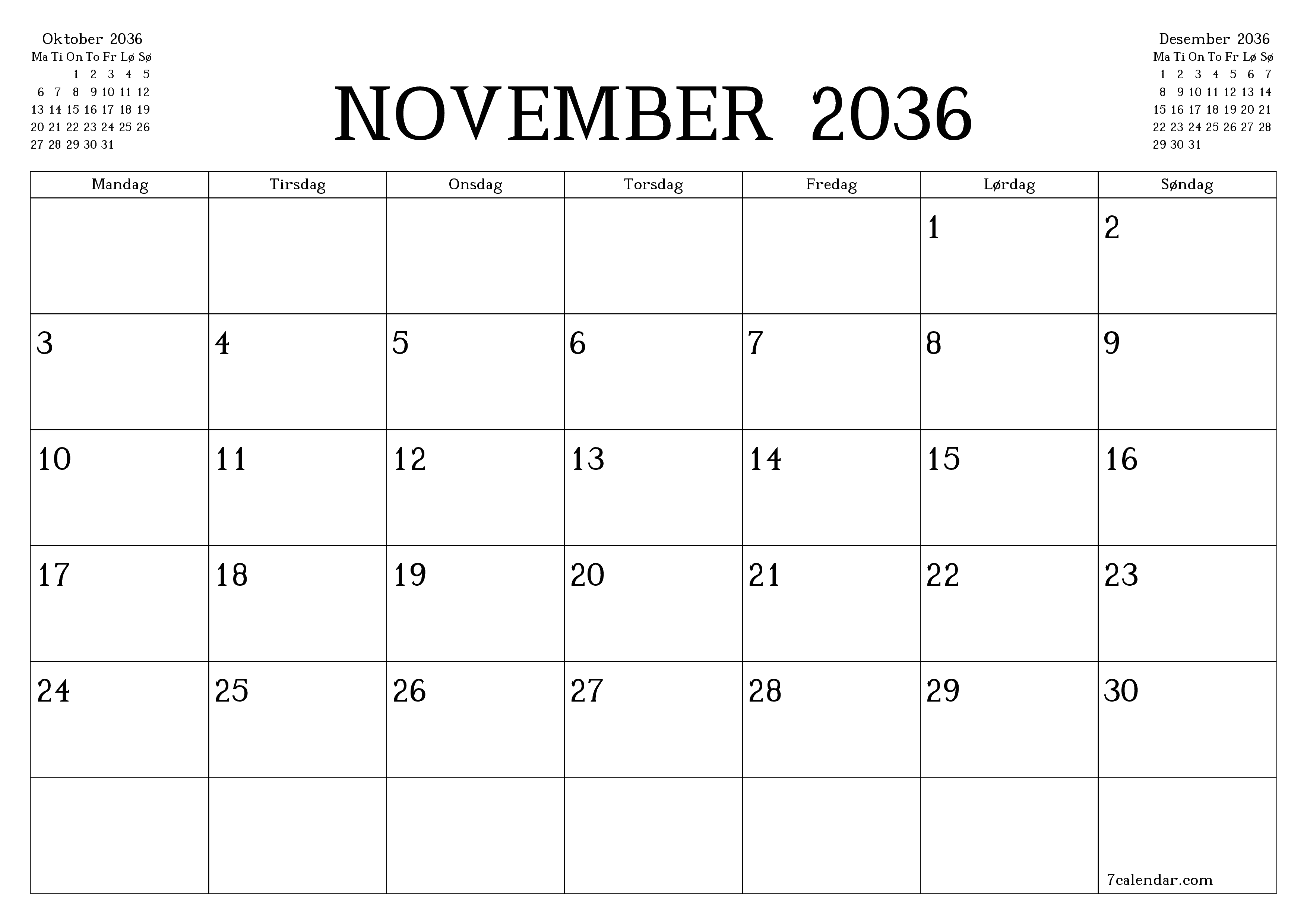 Tom månedlig planlegger for måned November 2036 med notater, lagre og skriv ut til PDF PNG Norwegian