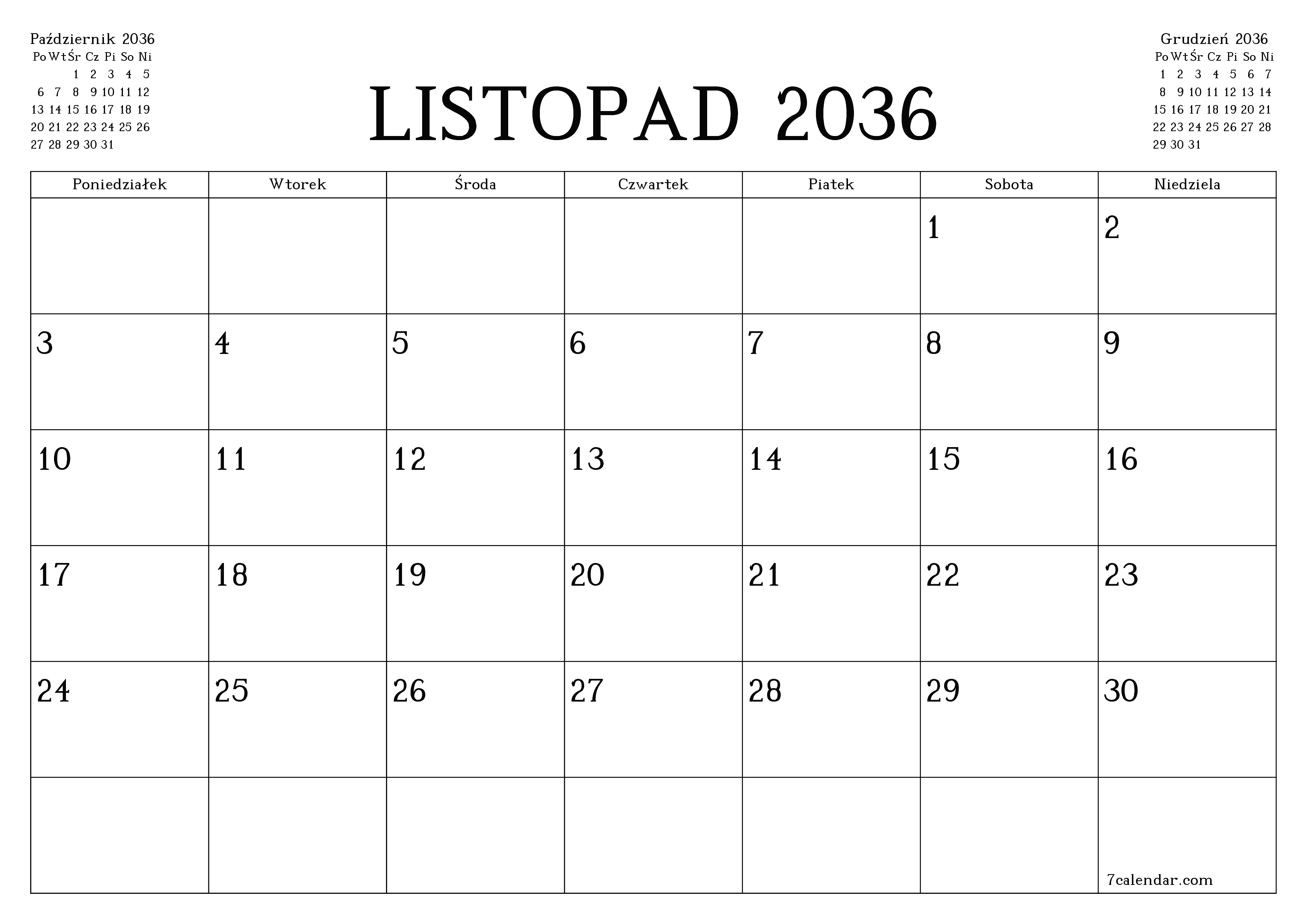 Opróżnij miesięczny planer na miesiąc Listopad 2036 z notatkami, zapisz i wydrukuj w formacie PDF PNG Polish