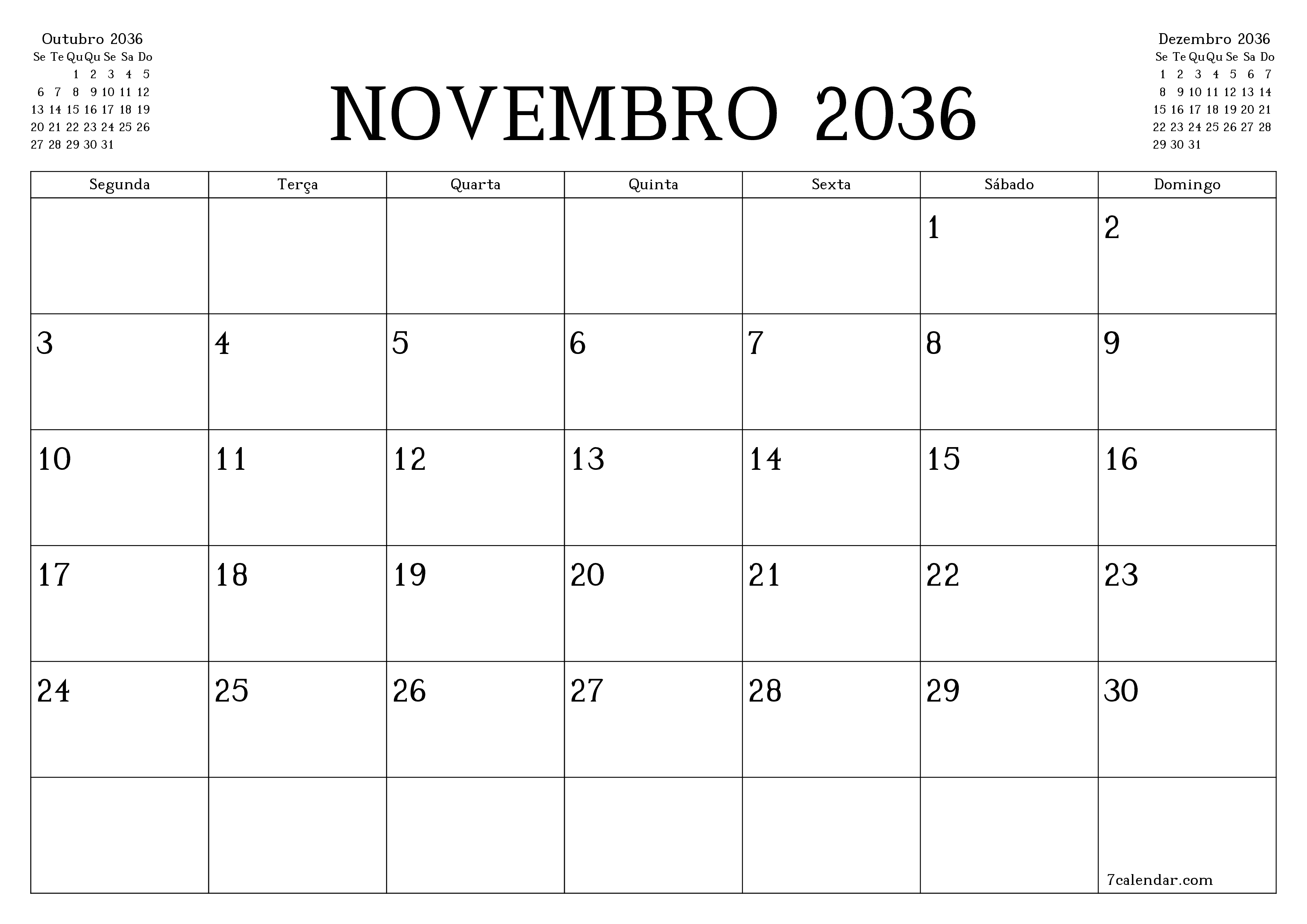 Esvazie o planejador mensal para o mês Novembro 2036 com notas, salve e imprima em PDF PNG Portuguese