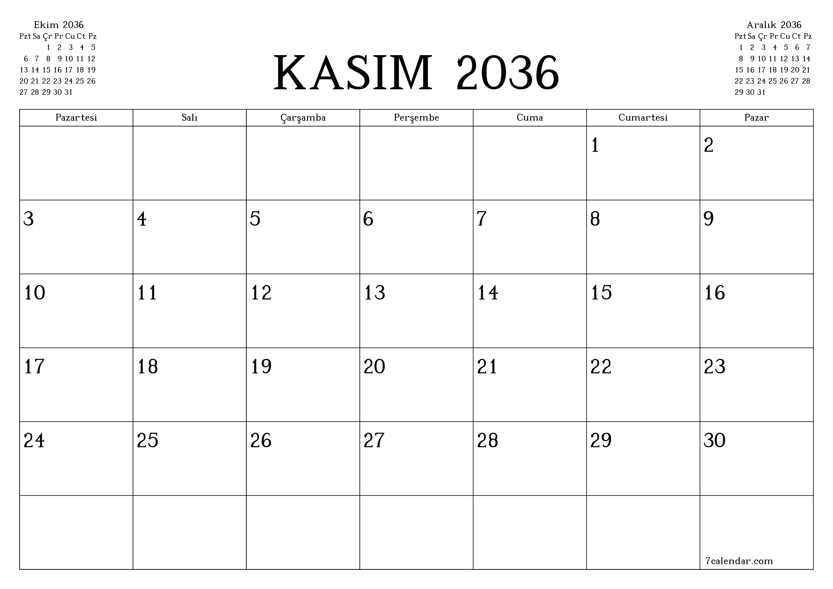 Kasım 2036 ayı için notlarla birlikte boş aylık planlayıcı, kaydedin ve PDF'ye yazdırın PNG Turkish