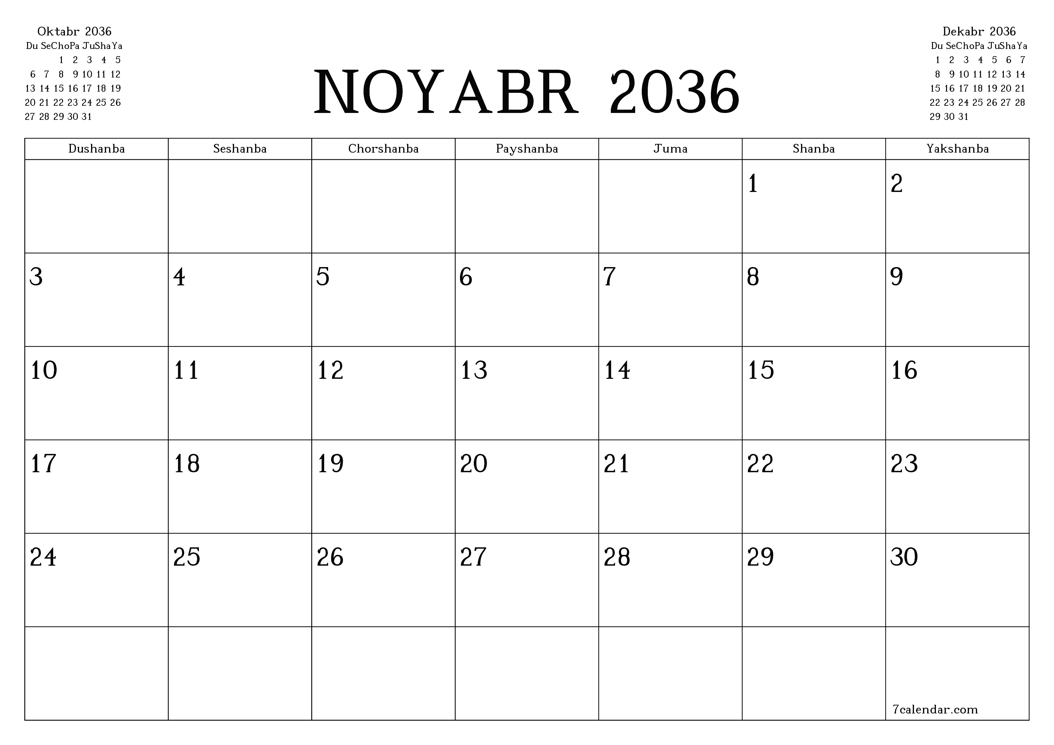 Noyabr 2036 oylik oylik rejalashtiruvchini yozuvlar bilan bo'shatish, saqlash va PDF-ga chop etish PNG Uzbek