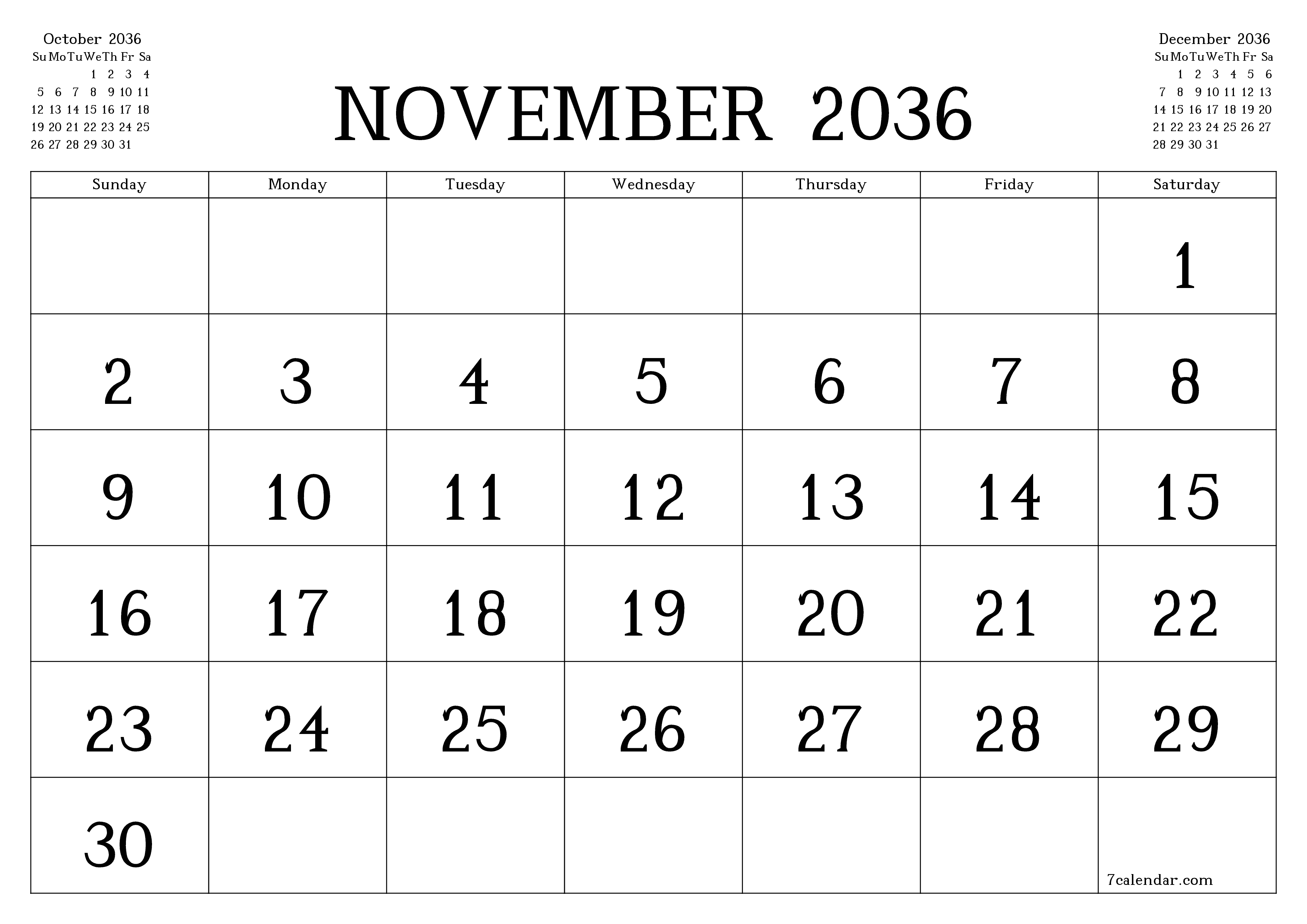 Blank calendar November 2036