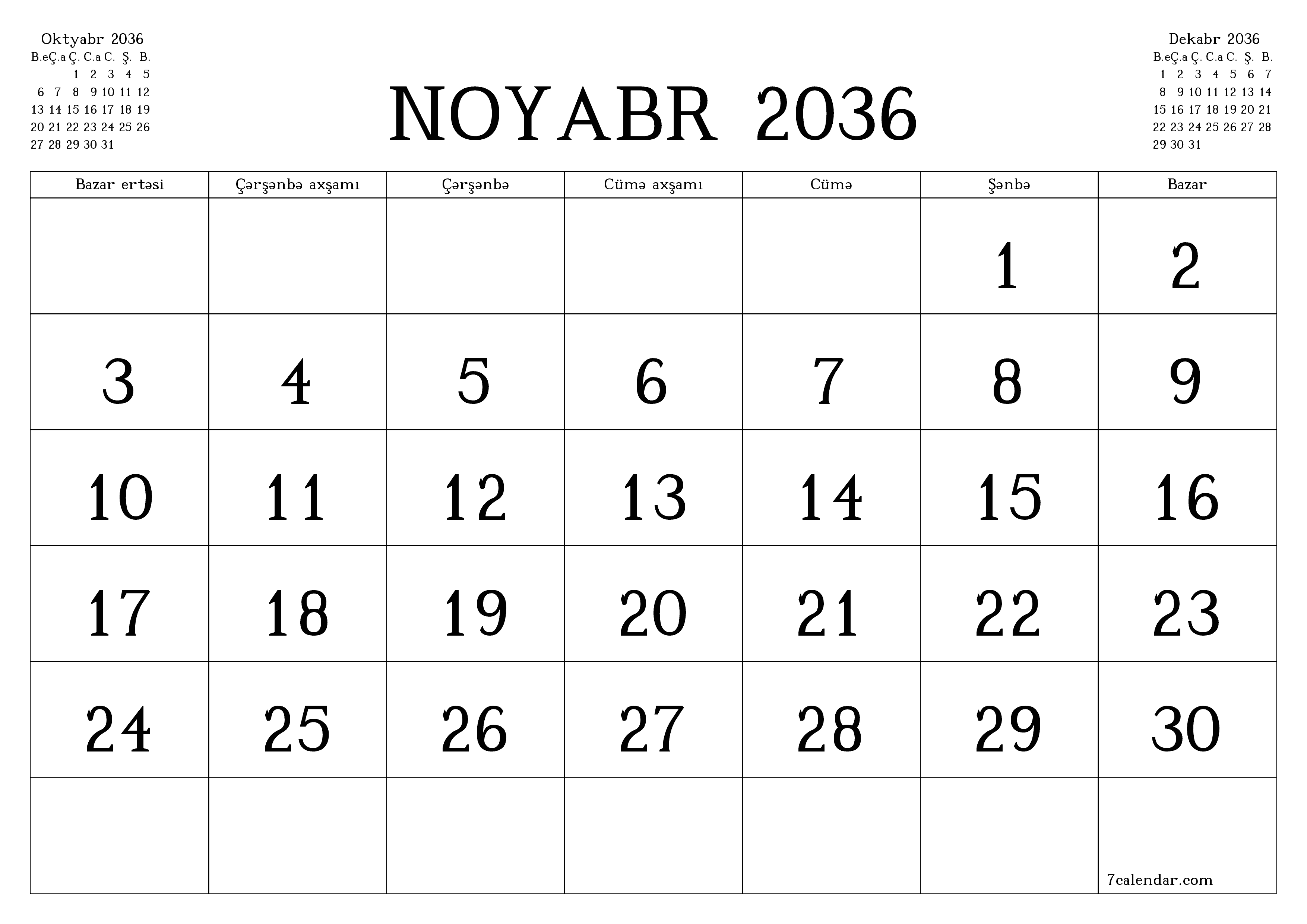 Noyabr 2036 ayı üçün qeydlər ilə boş aylıq planlayıcı, qeyd edin və PDF-ə yazdırın PNG Azerbaijani