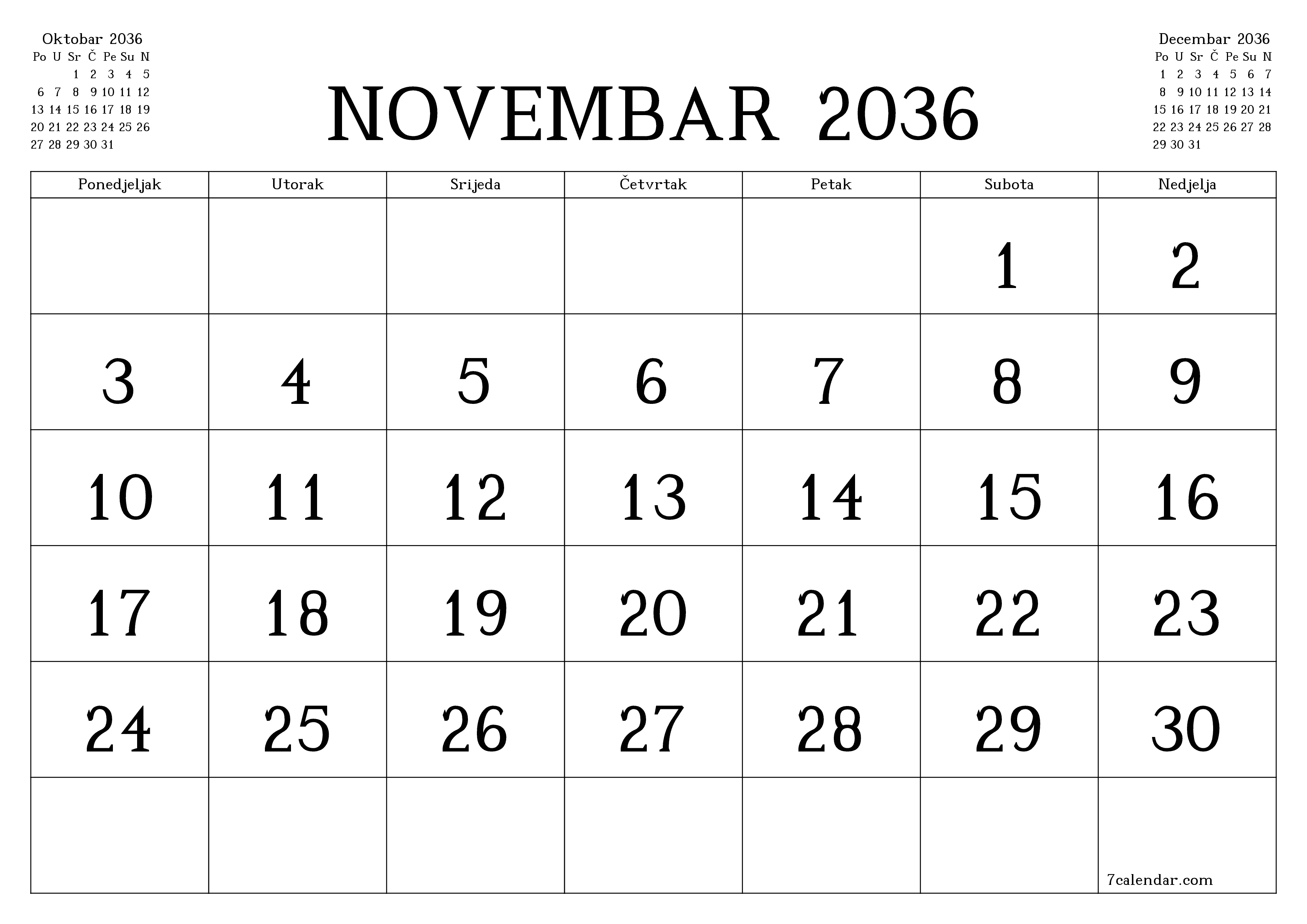 Ispraznite mjesečni planer za mjesec Novembar 2036 s bilješkama, spremite i ispišite u PDF PNG Bosnian