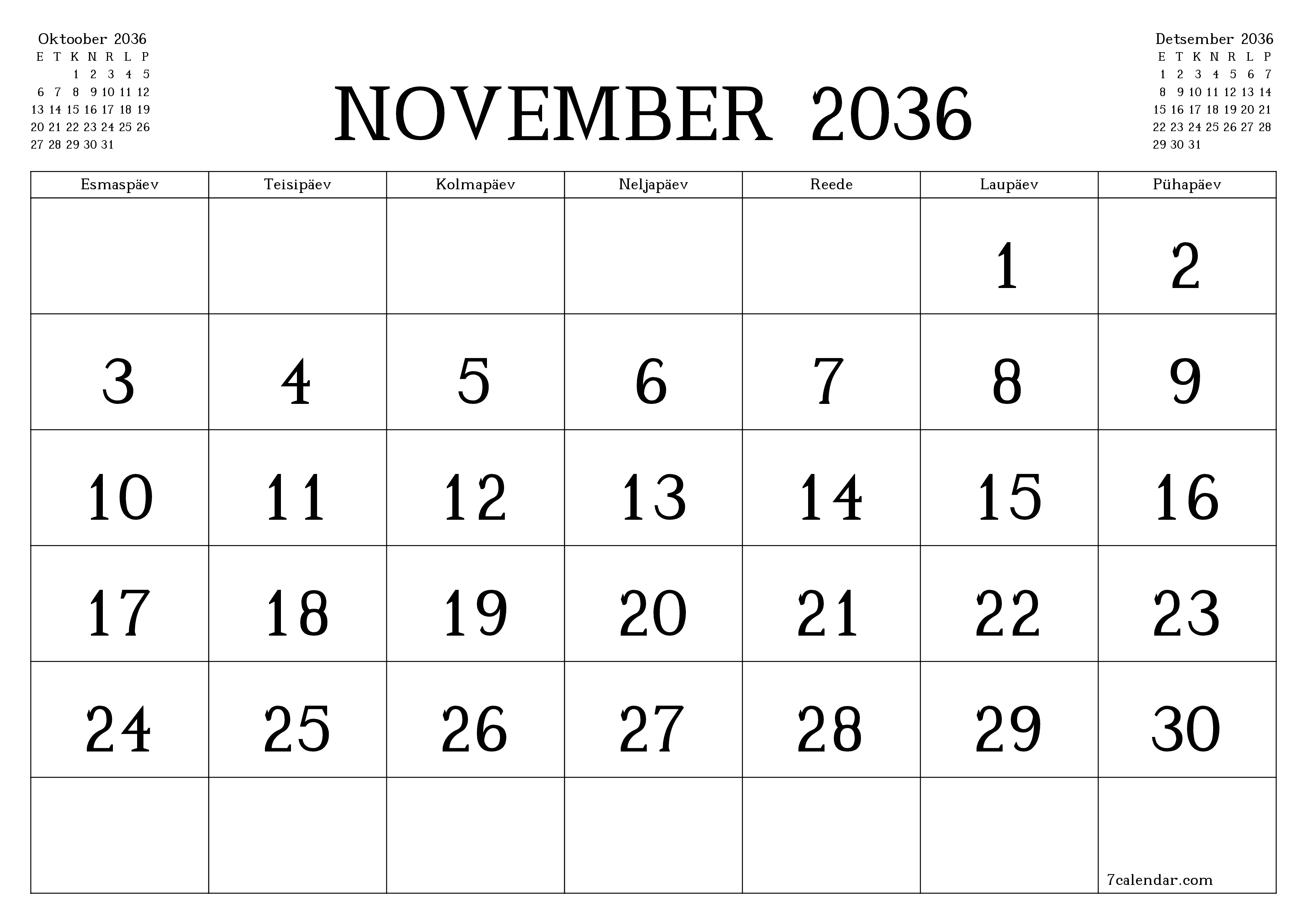 Tühjendage kuu November 2036 kuuplaneerija märkmetega, salvestage ja printige PDF-i PNG Estonian