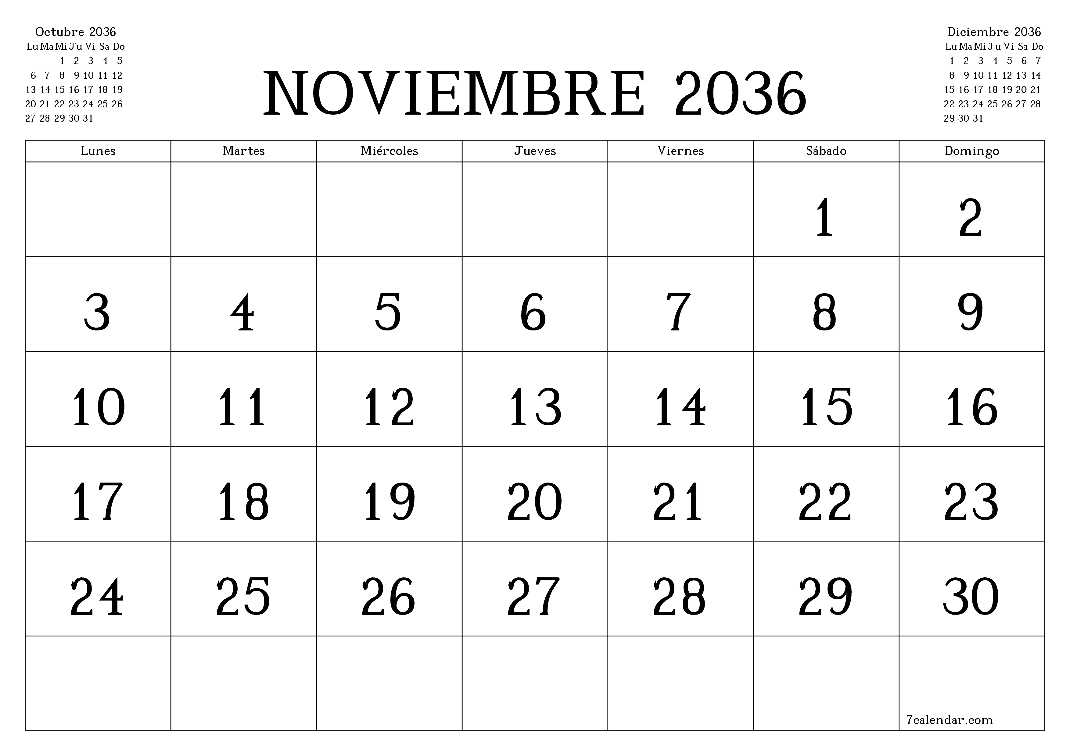 Planificador mensual vacío para el mes Noviembre 2036 con notas, guardar e imprimir en PDF PNG Spanish