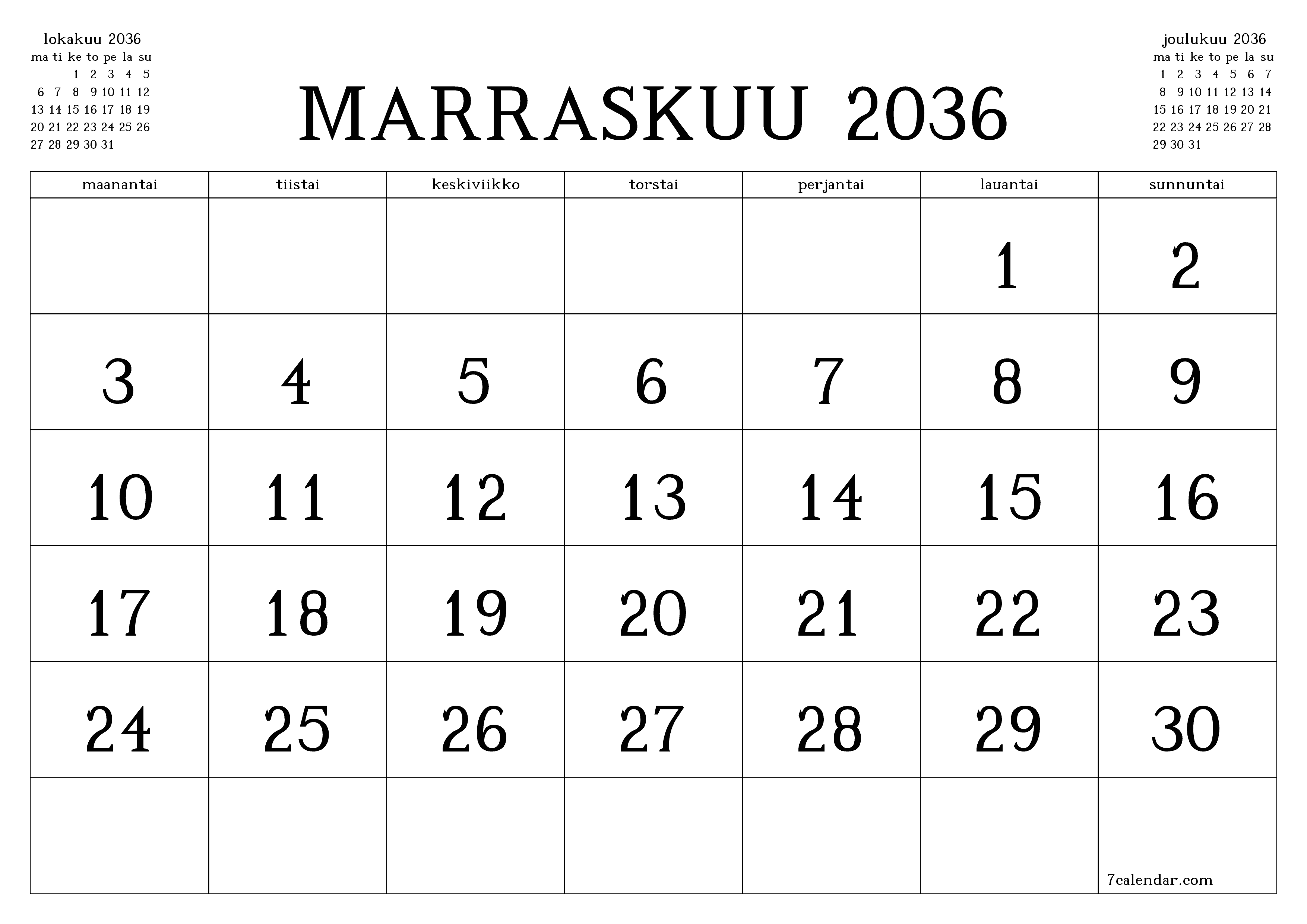 Tyhjennä kuukausittainen suunnittelija kuukaudelle Marraskuu 2036 muistiinpanoilla, tallenna ja tulosta PDF-muotoon PNG Finnish