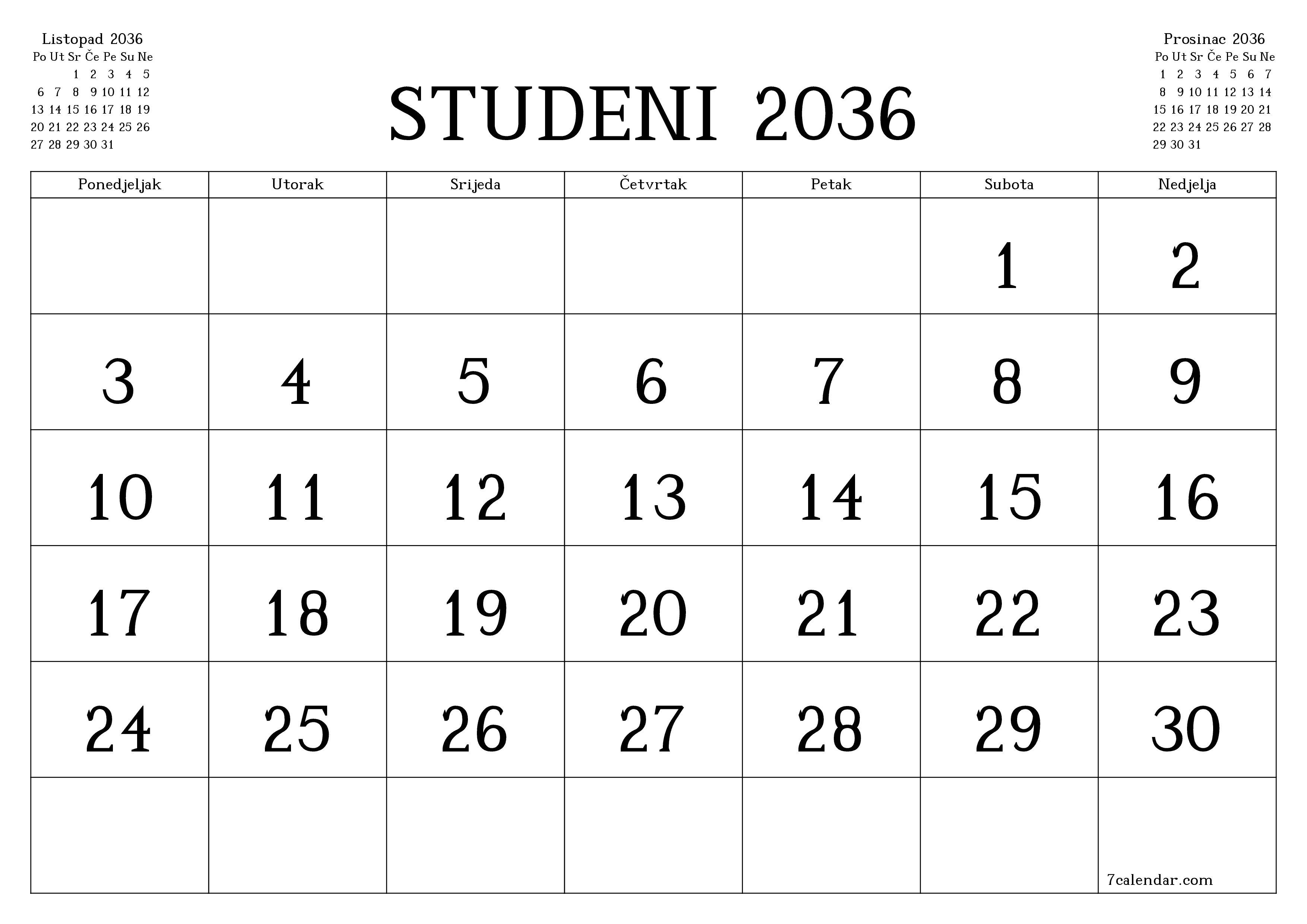 Ispraznite mjesečni planer za mjesec Studeni 2036 s bilješkama, spremite i ispišite u PDF PNG Croatian