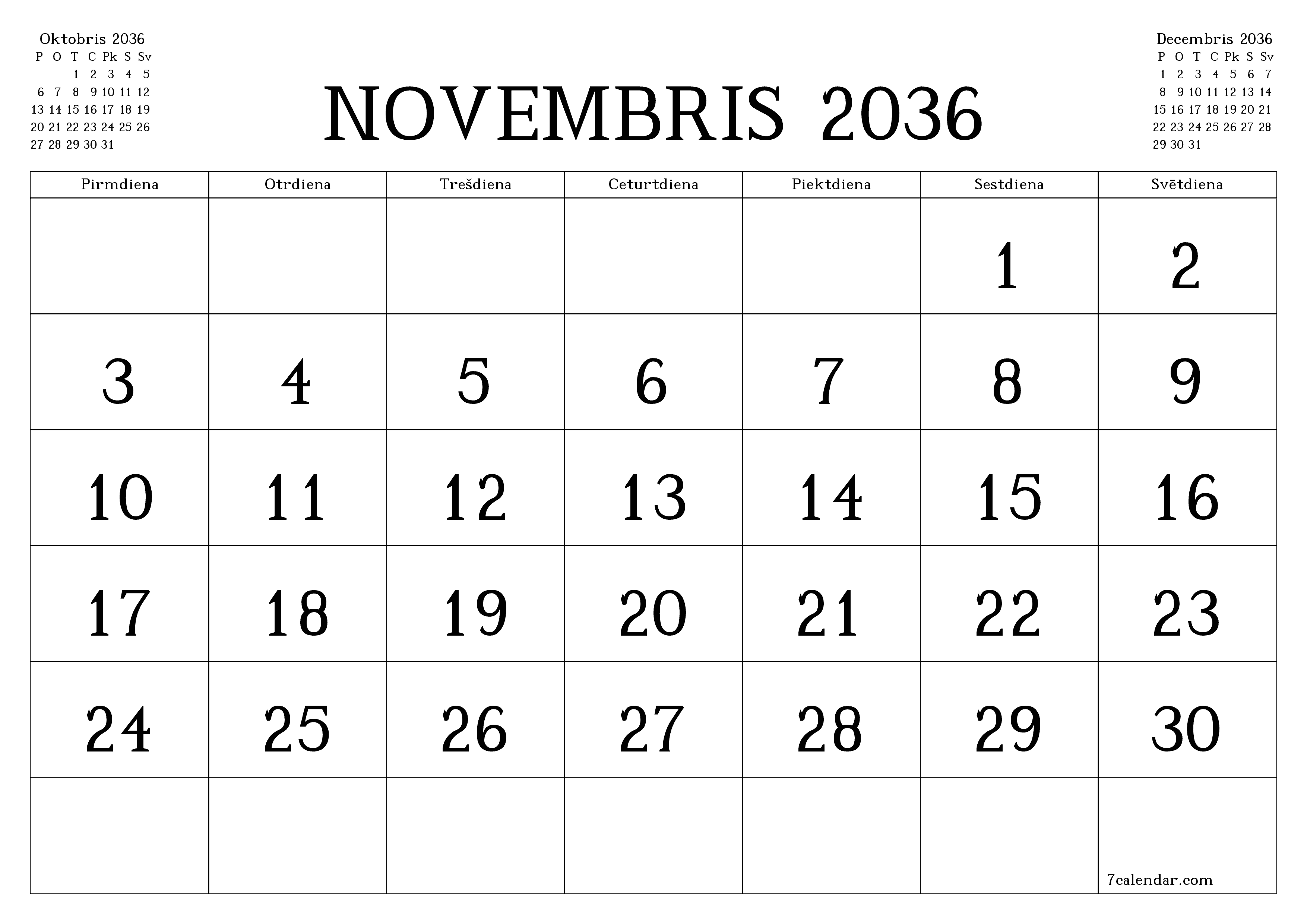 Iztukšot mēneša plānotāju mēnesim Novembris 2036 ar piezīmēm, saglabāt un izdrukāt PDF formātā PNG Latvian