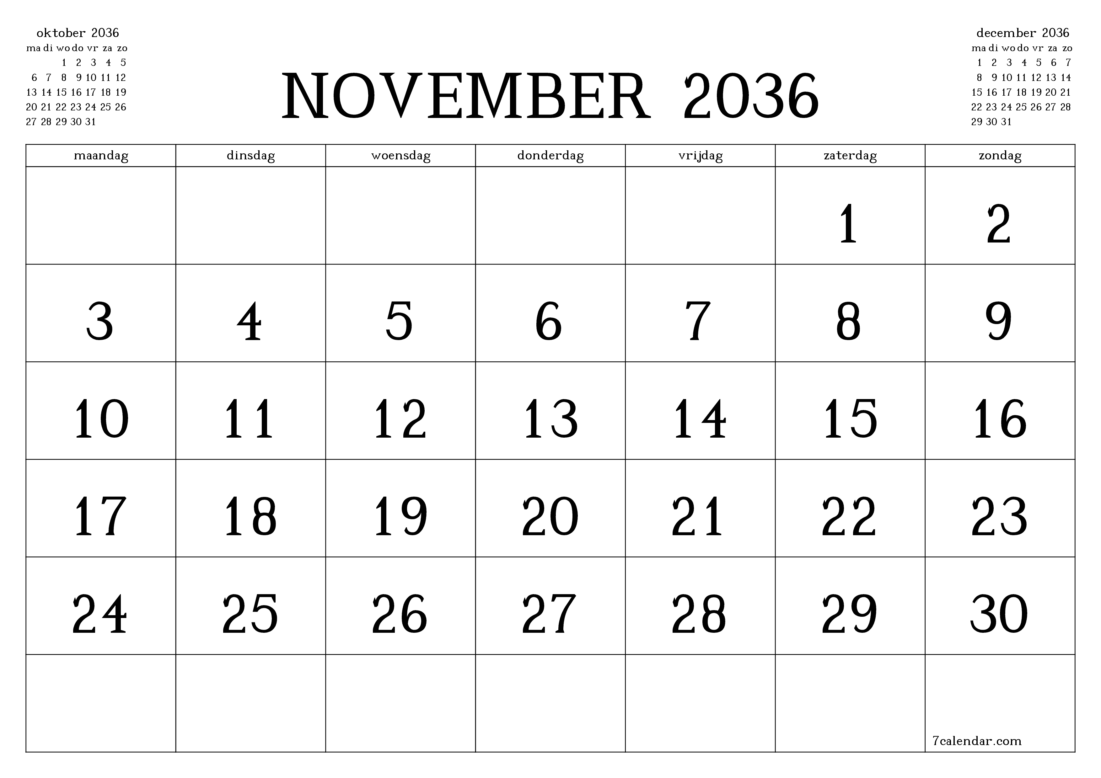 Lege maandplanner voor maand november 2036 met notities, opslaan en afdrukken naar pdf PNG Dutch