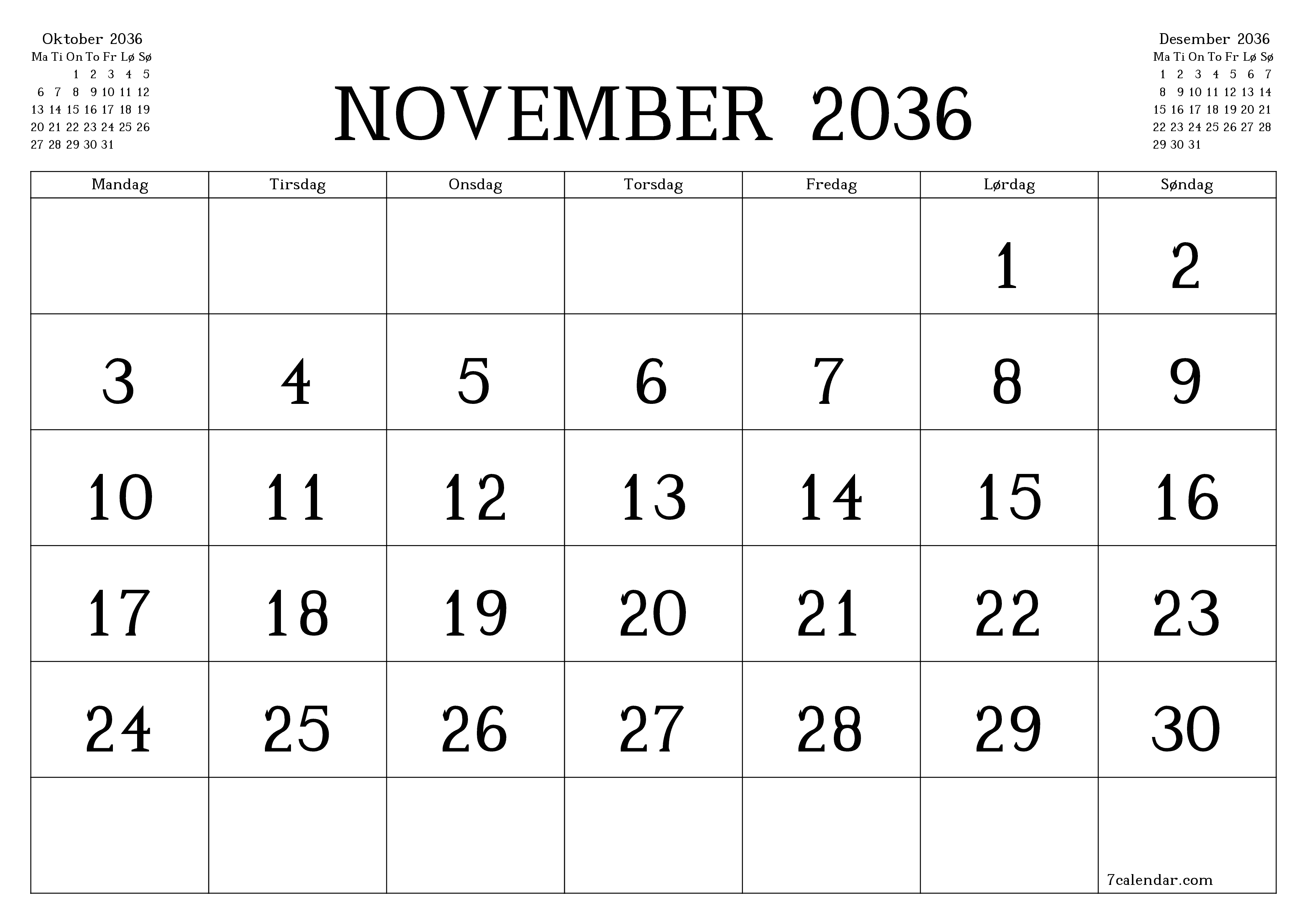 Tom månedlig planlegger for måned November 2036 med notater, lagre og skriv ut til PDF PNG Norwegian