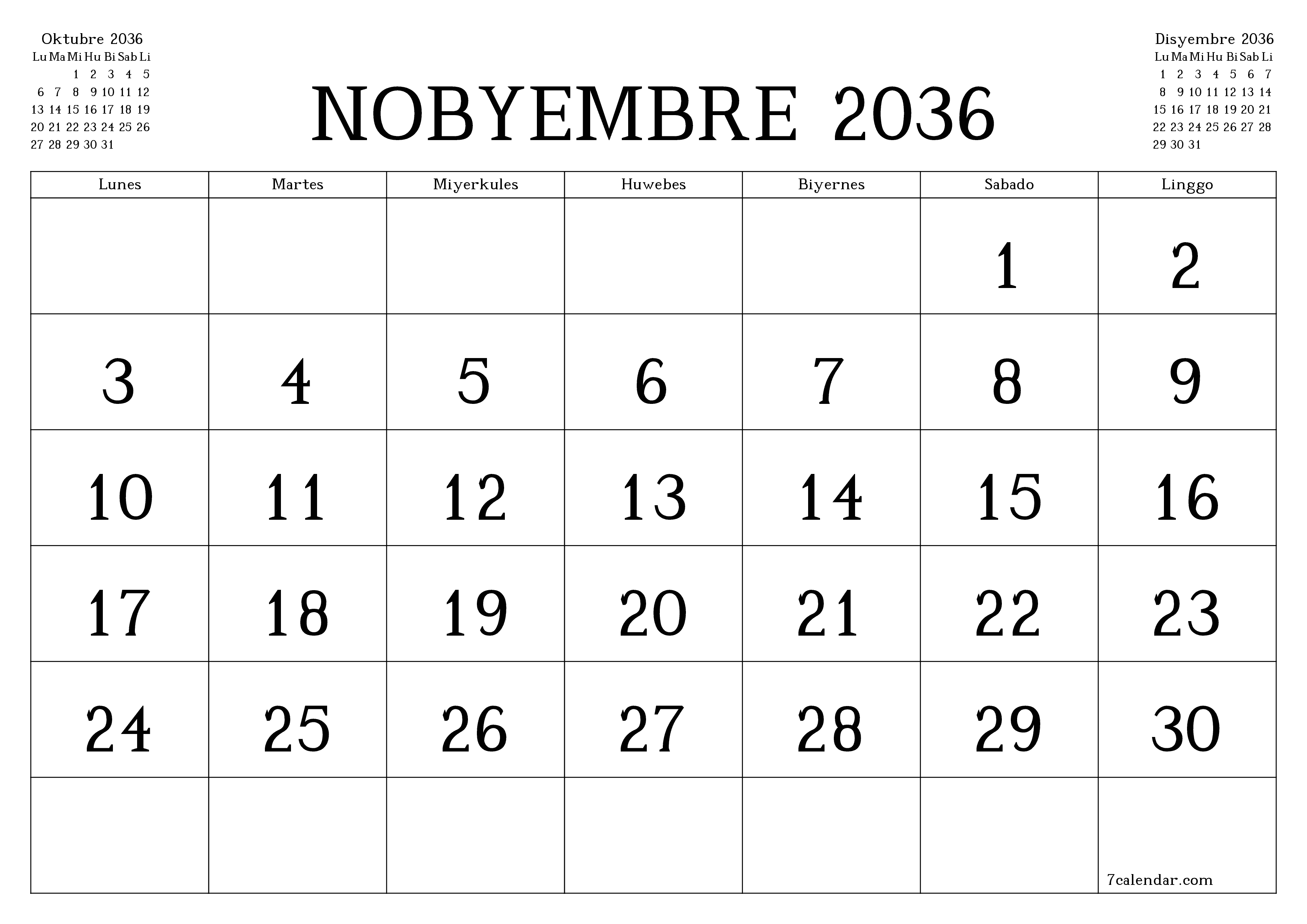 Walang laman na buwanang tagaplano para sa buwan na Nobyembre 2036 na may mga tala, i-save at i-print sa PDF PNG Filipino