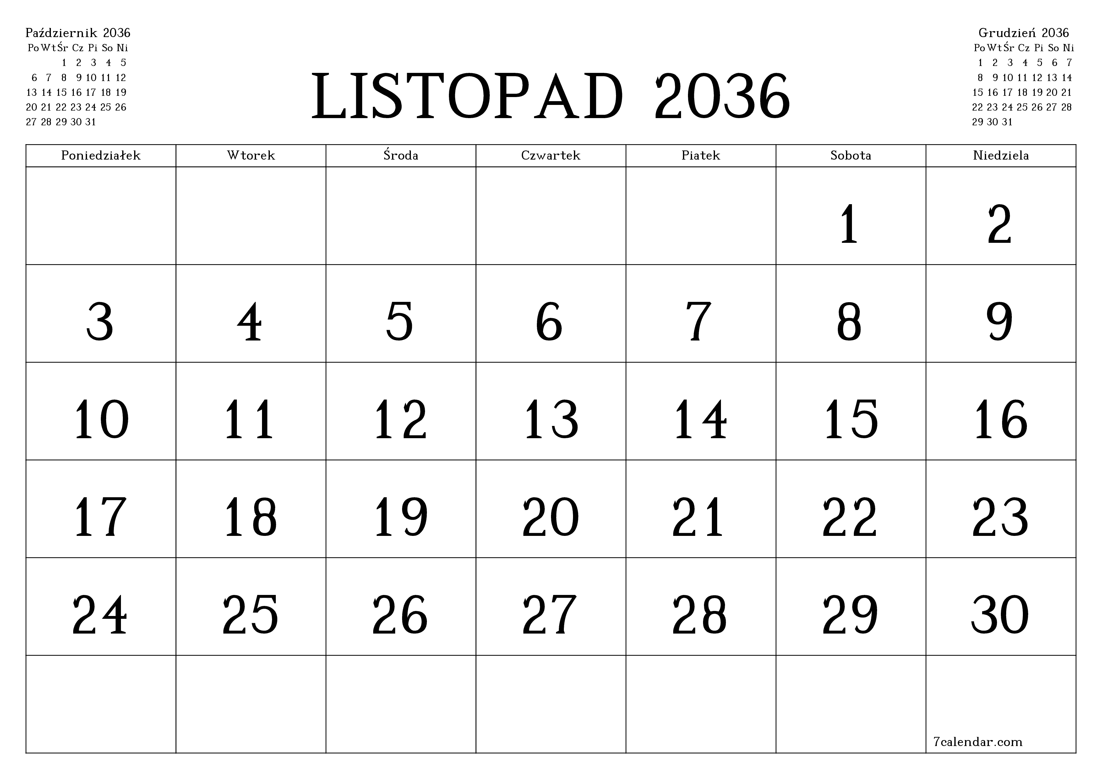 Opróżnij miesięczny planer na miesiąc Listopad 2036 z notatkami, zapisz i wydrukuj w formacie PDF PNG Polish
