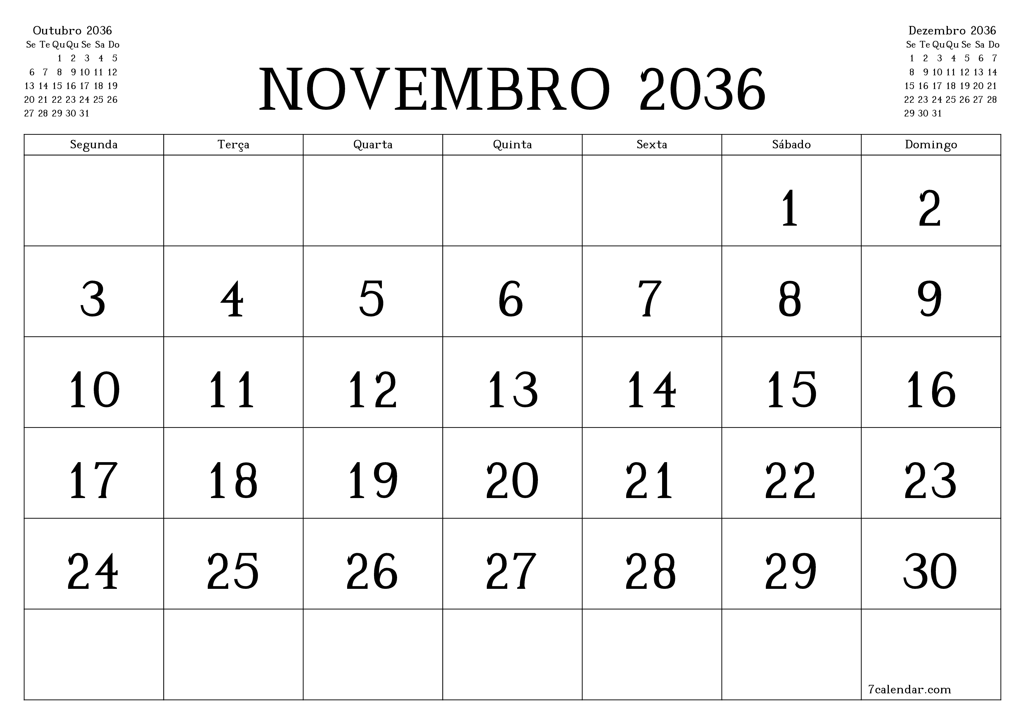 Esvazie o planejador mensal para o mês Novembro 2036 com notas, salve e imprima em PDF PNG Portuguese