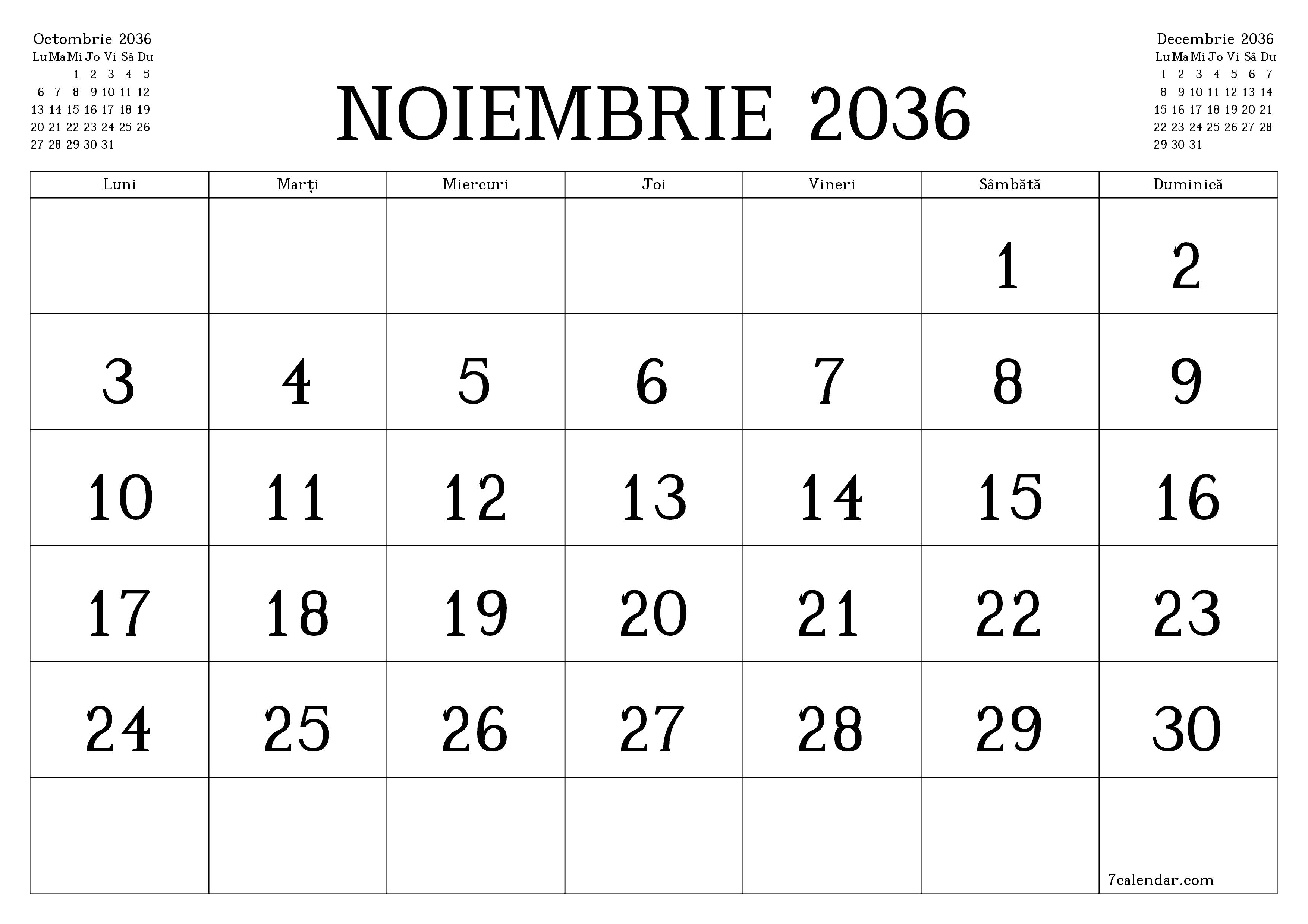 Planificator lunar gol pentru luna Noiembrie 2036 cu note, salvați și tipăriți în PDF PNG Romanian