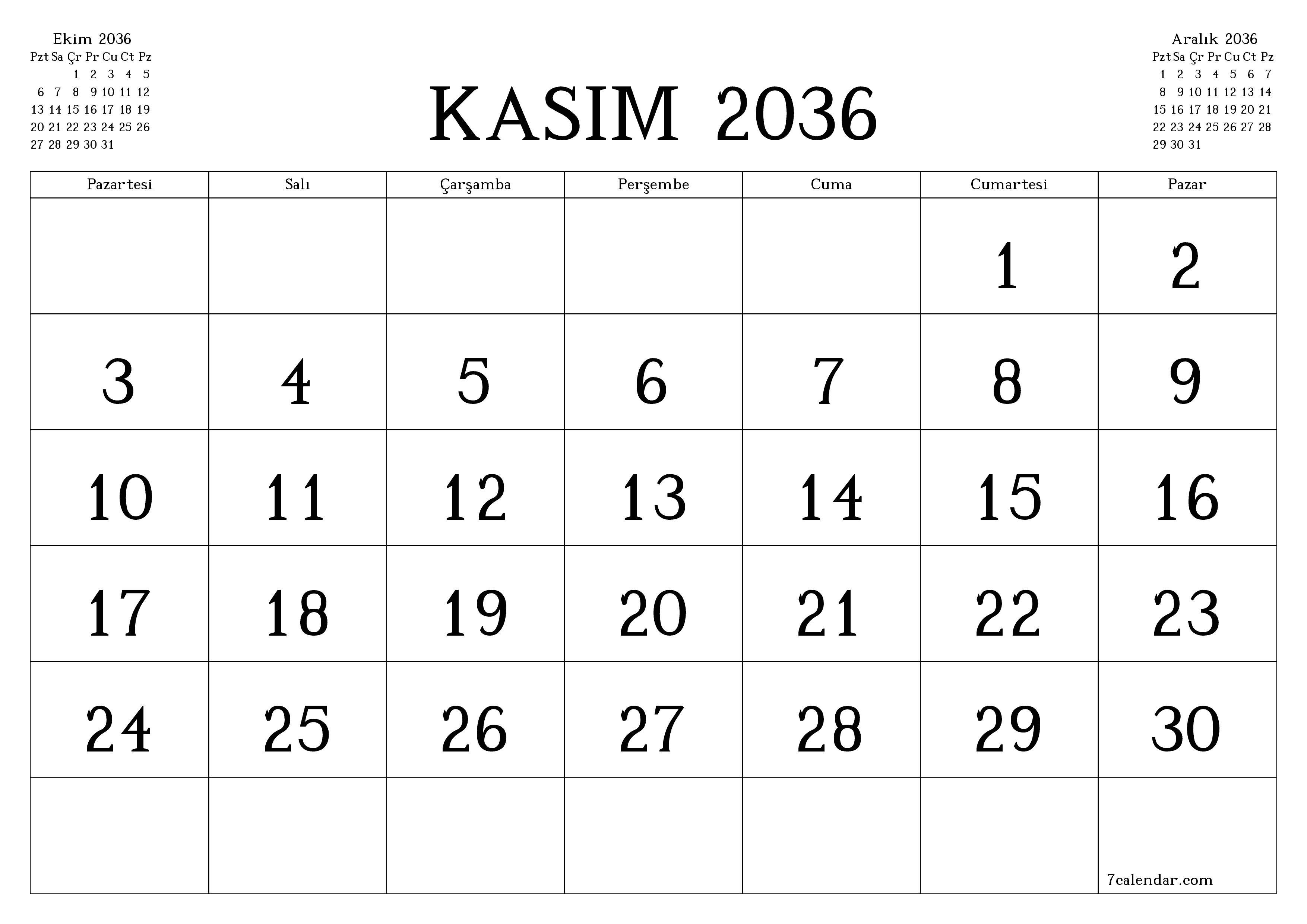 Kasım 2036 ayı için notlarla birlikte boş aylık planlayıcı, kaydedin ve PDF'ye yazdırın PNG Turkish