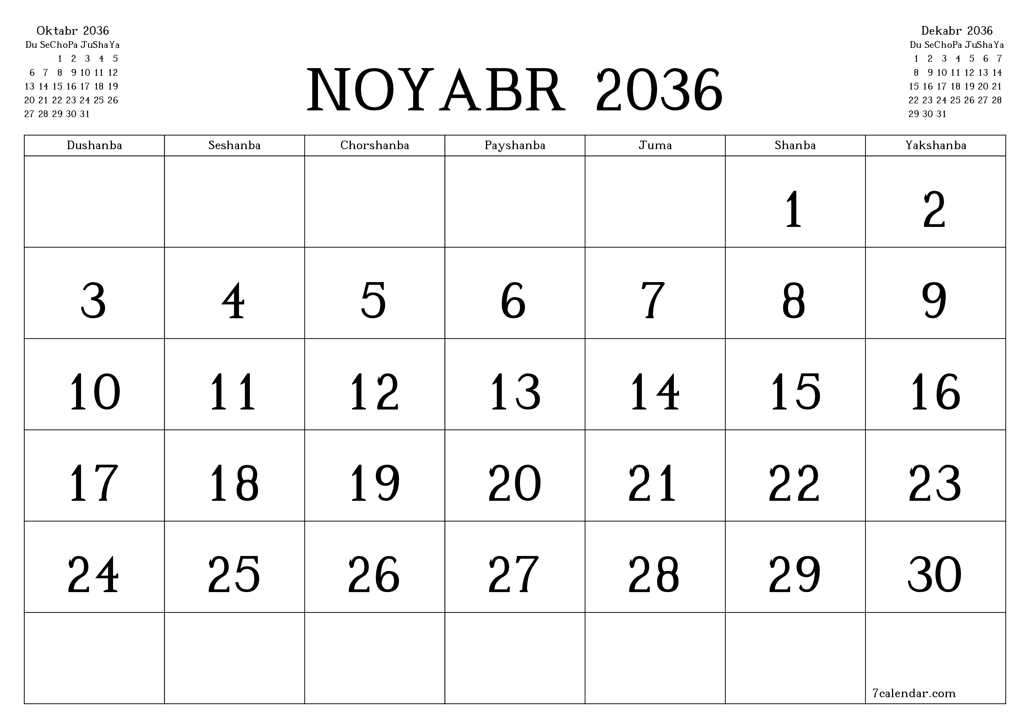 Noyabr 2036 oylik oylik rejalashtiruvchini yozuvlar bilan bo'shatish, saqlash va PDF-ga chop etish PNG Uzbek