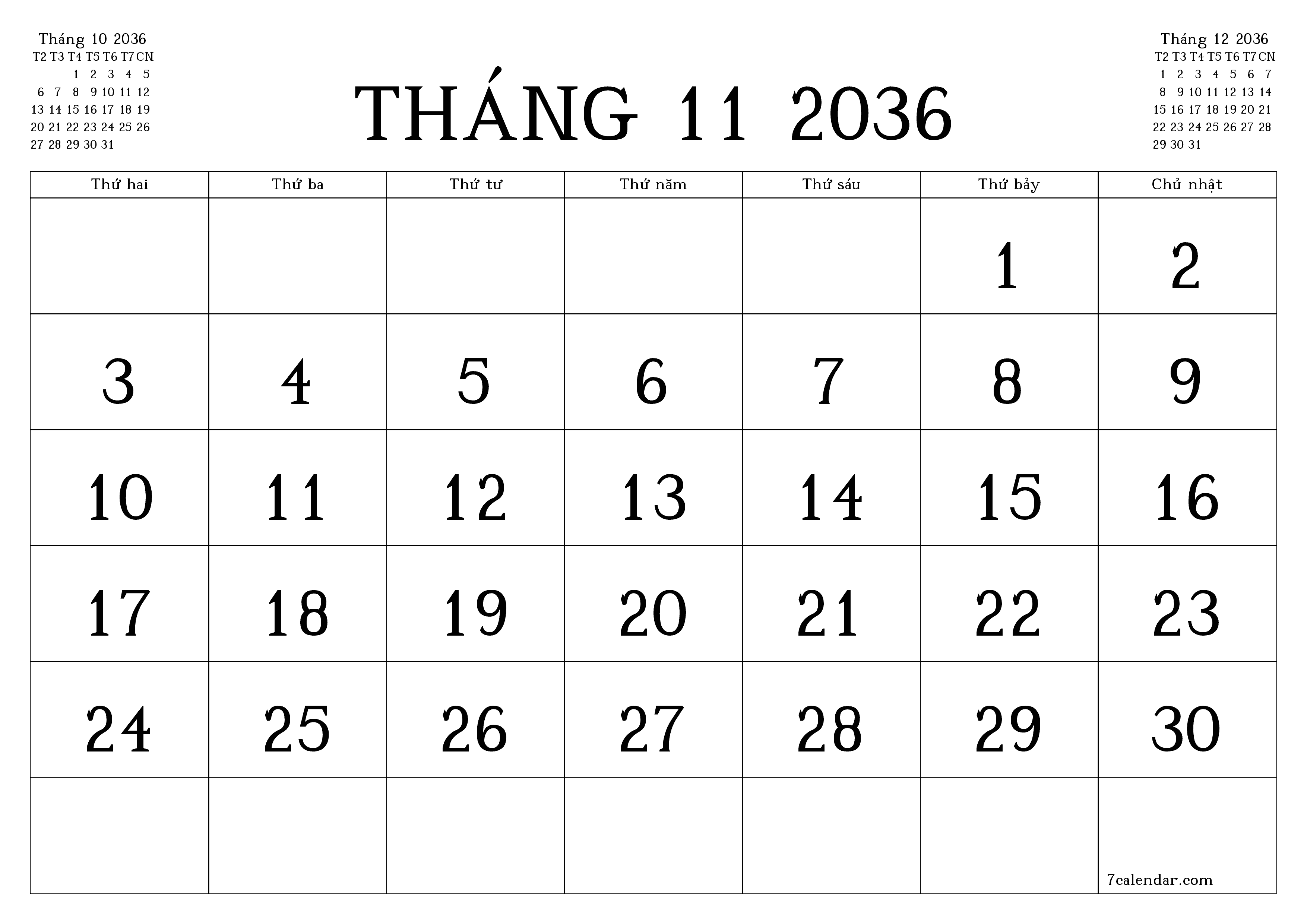 Công cụ lập kế hoạch hàng tháng trống cho tháng Tháng 11 2036 có ghi chú, lưu và in sang PDF PNG Vietnamese