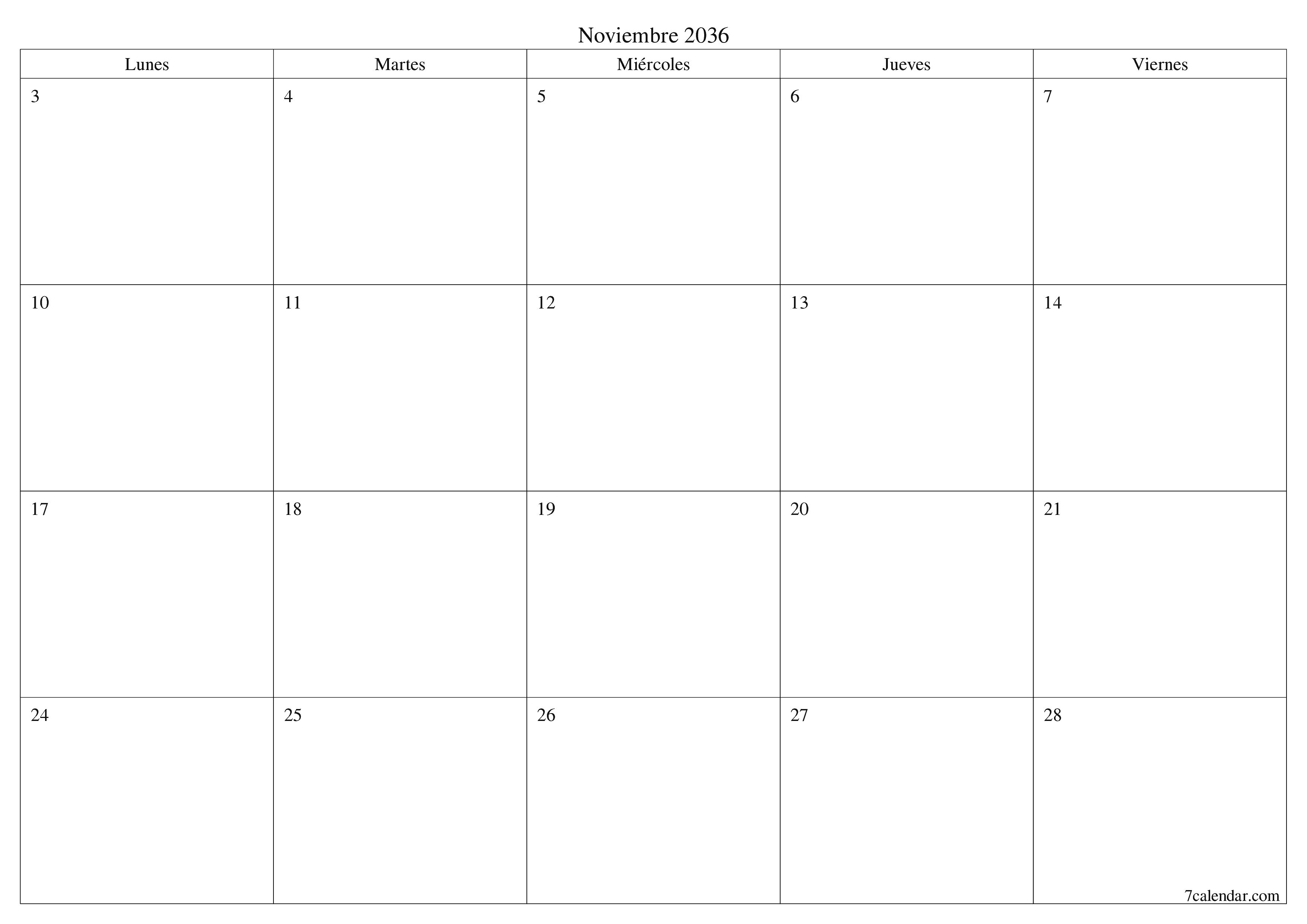 Planificador mensual vacío para el mes Noviembre 2036 con notas, guardar e imprimir en PDF PNG Spanish