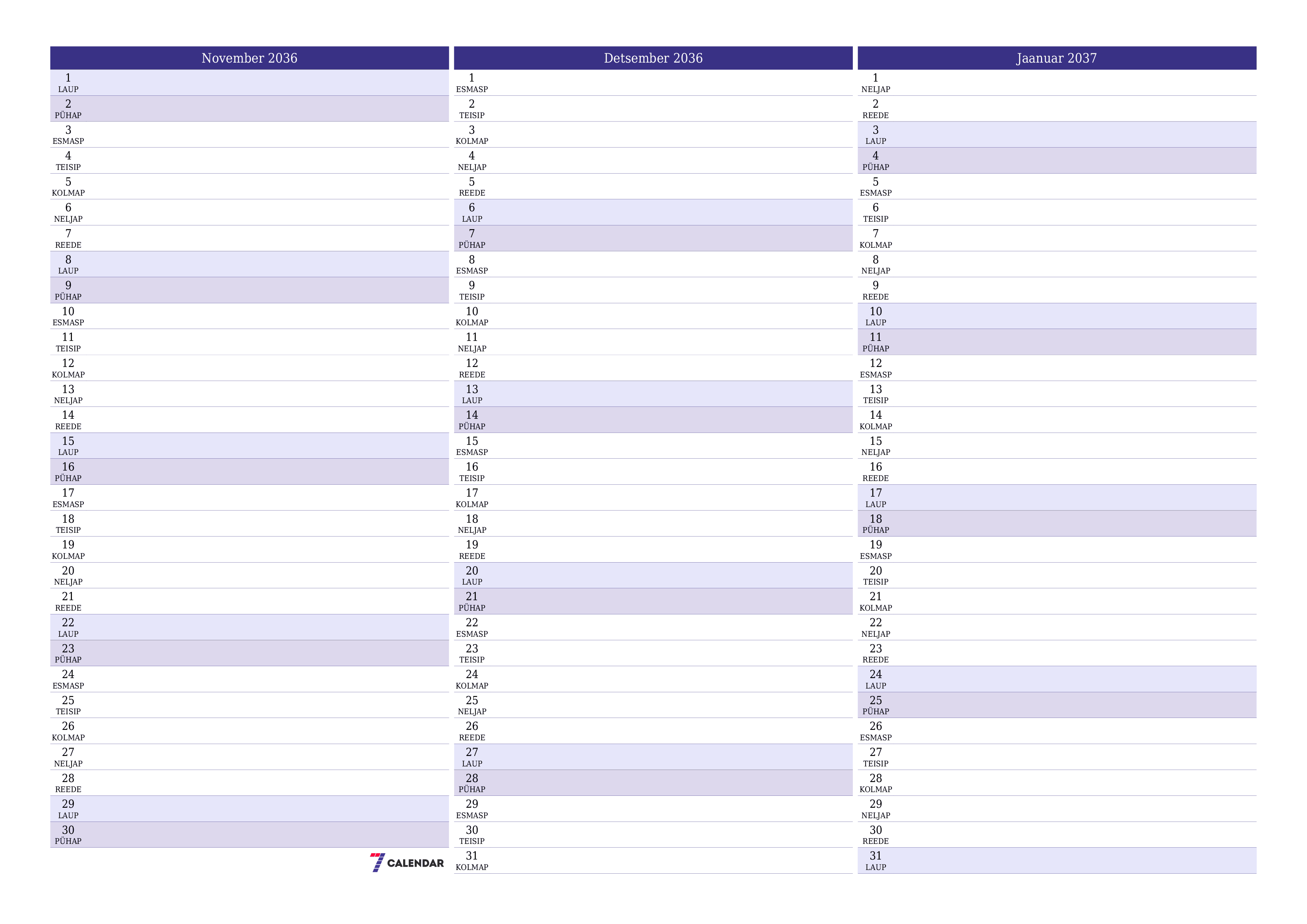 Tühjendage kuu November 2036 kuuplaneerija märkmetega, salvestage ja printige PDF-i PNG Estonian