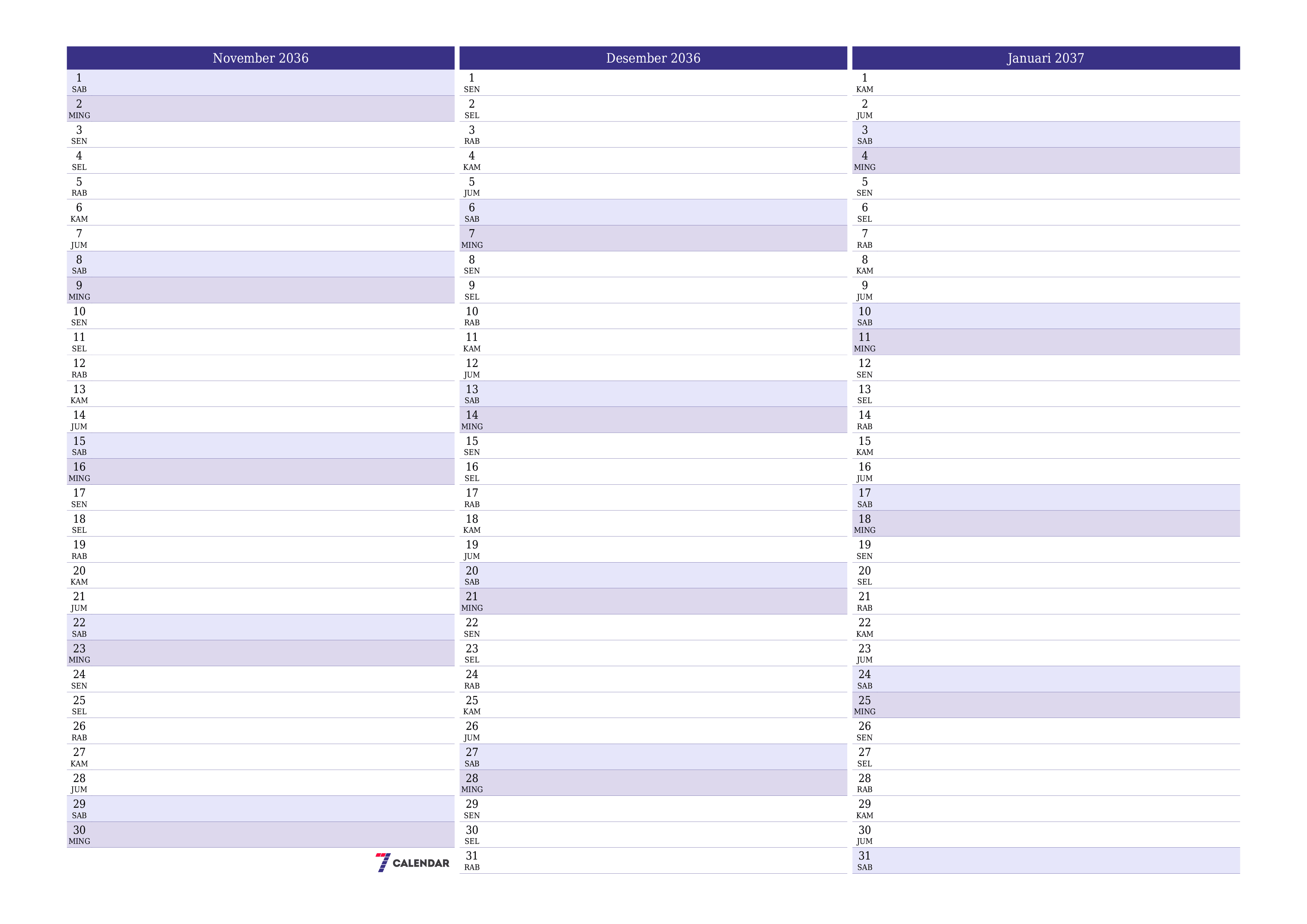 Kosongkan agenda bulanan untuk bulan November 2036 dengan catatan, simpan dan cetak ke PDF PNG Indonesian