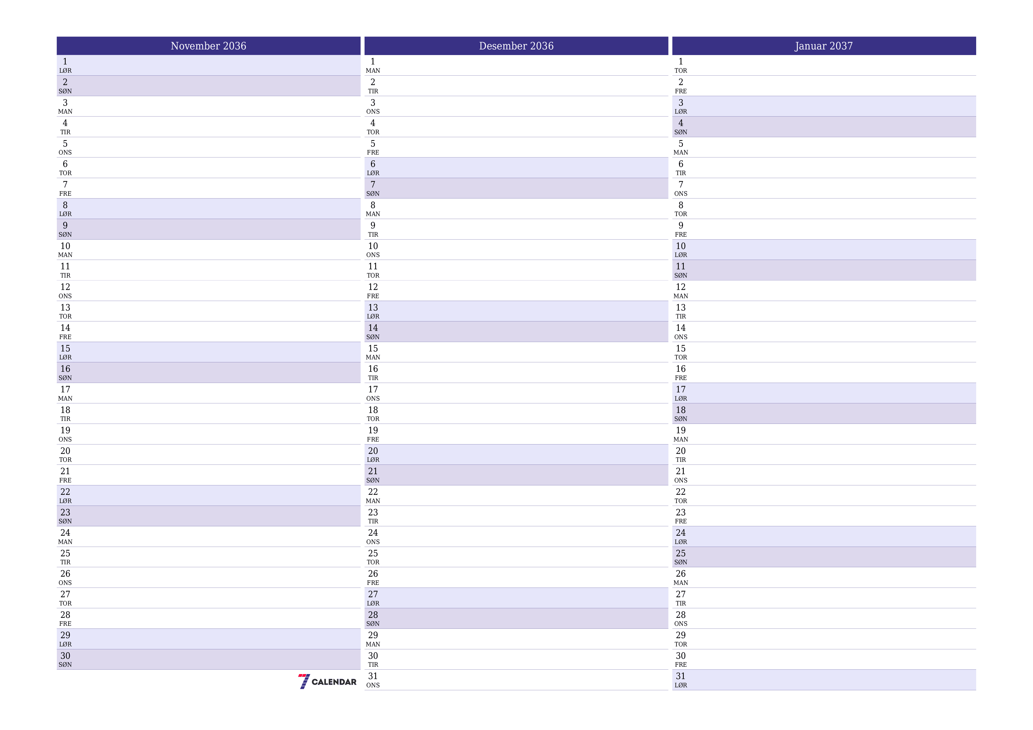 Tom månedlig planlegger for måned November 2036 med notater, lagre og skriv ut til PDF PNG Norwegian