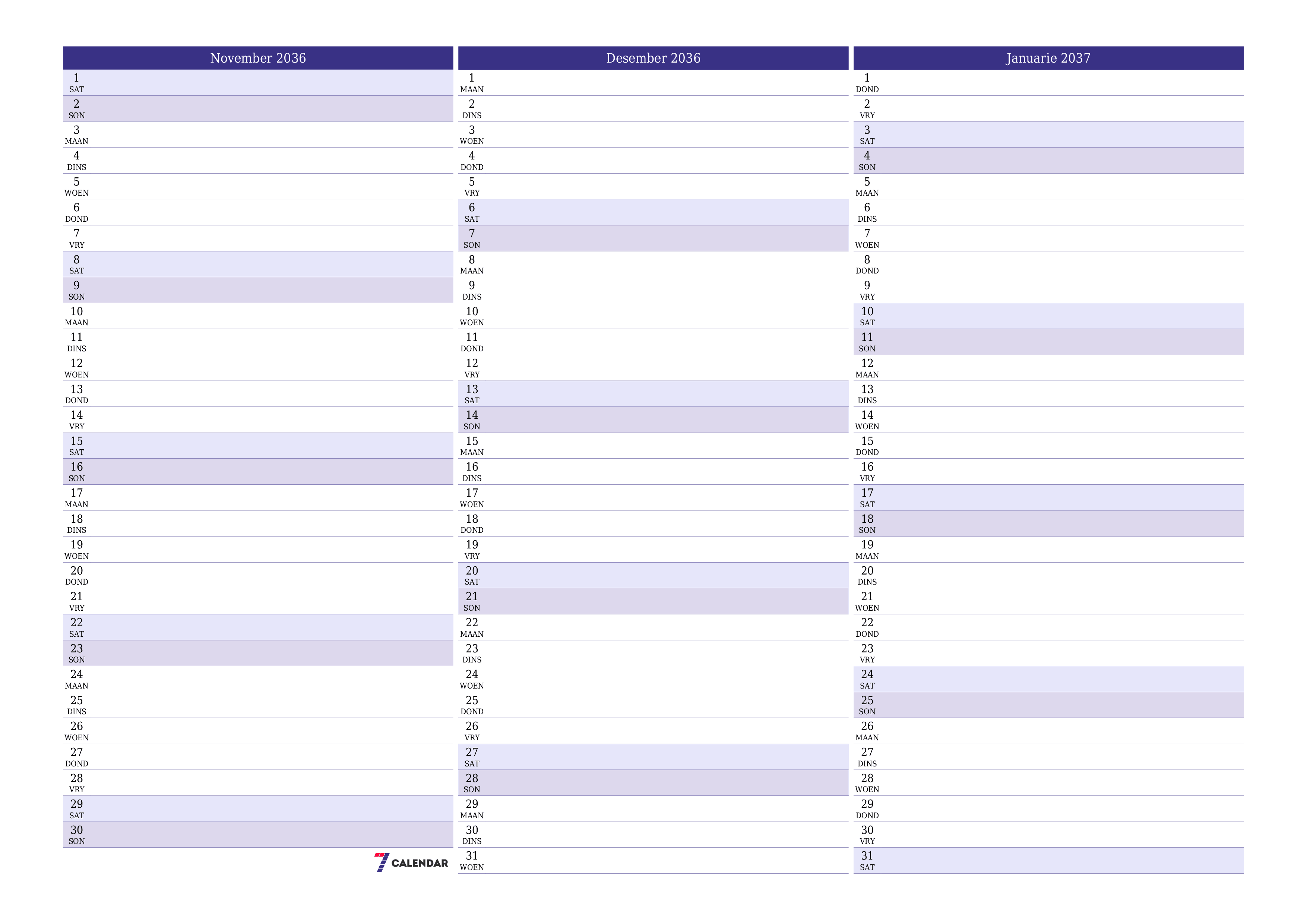 Leë maandelikse drukbare kalender en beplanner vir maand November 2036 met notas stoor en druk na PDF PNG Afrikaans