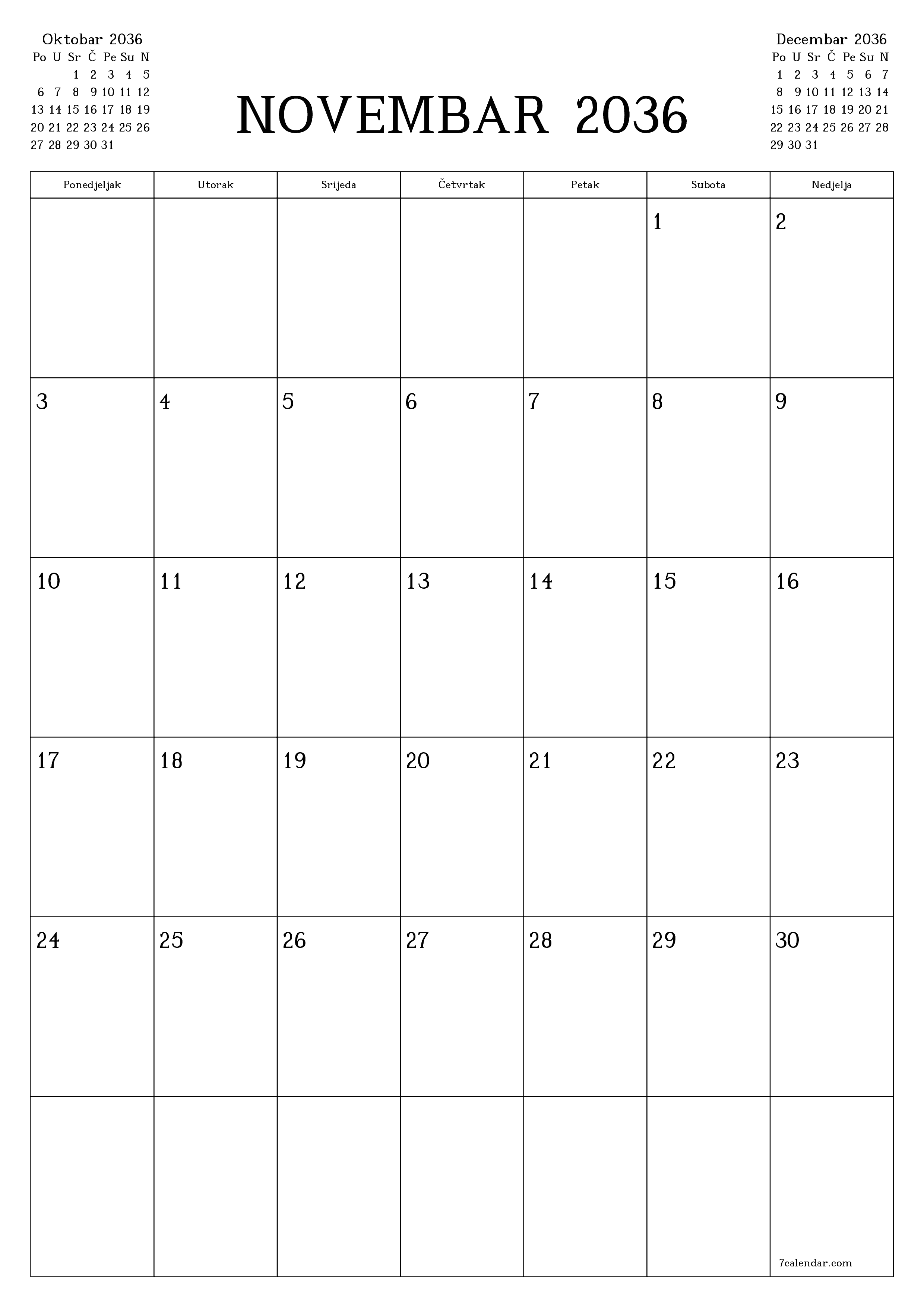  za štampanje zidni šablon a besplatni vertikalno Mjesečno planer kalendar Novembar (Nov) 2036